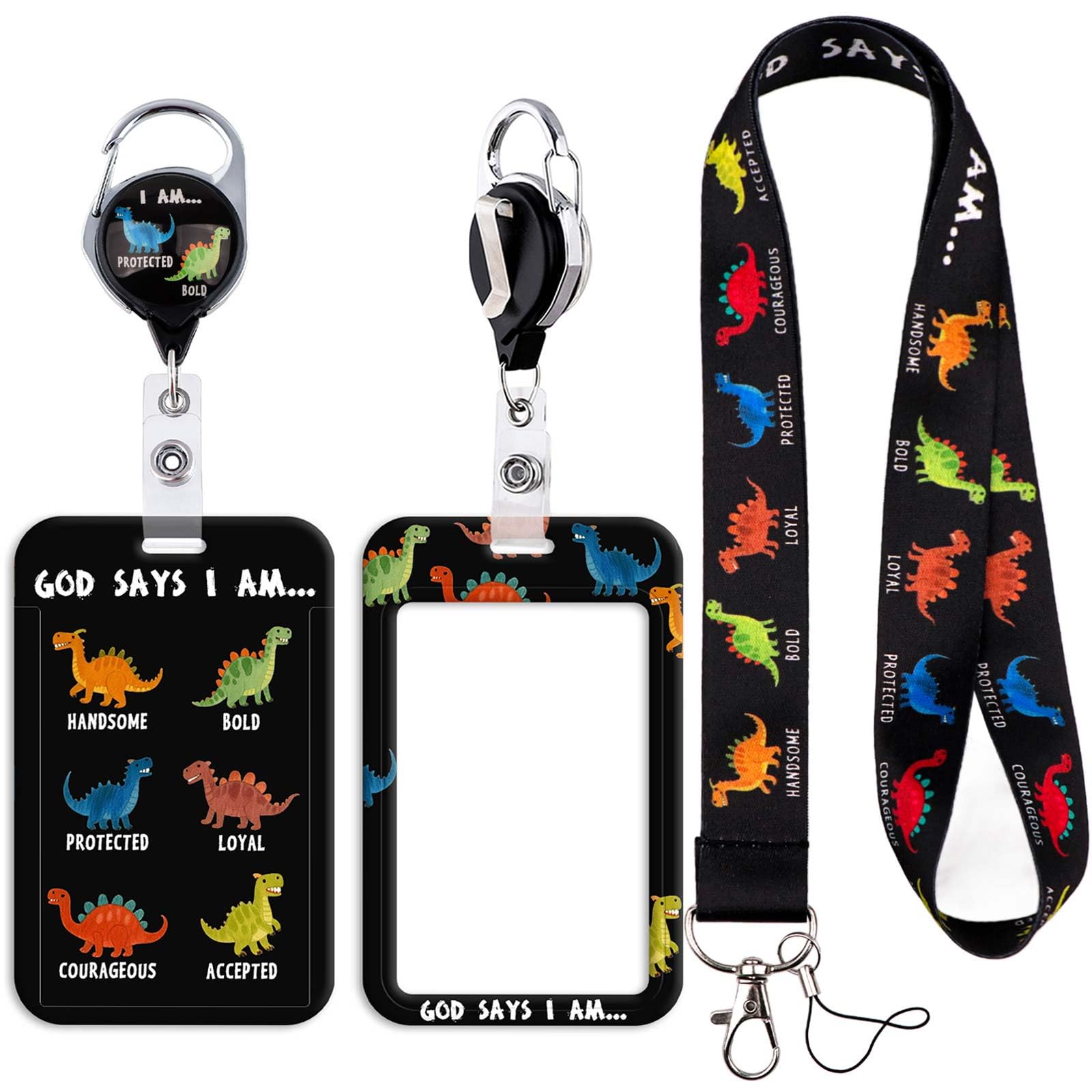 Kids Lanyard with Card Holder Cute Vertical ID Badge Holder I'm Bold, Protected... Card Sleeve with Retractable Reel Clip for School Boys Cruising, Dinosaur