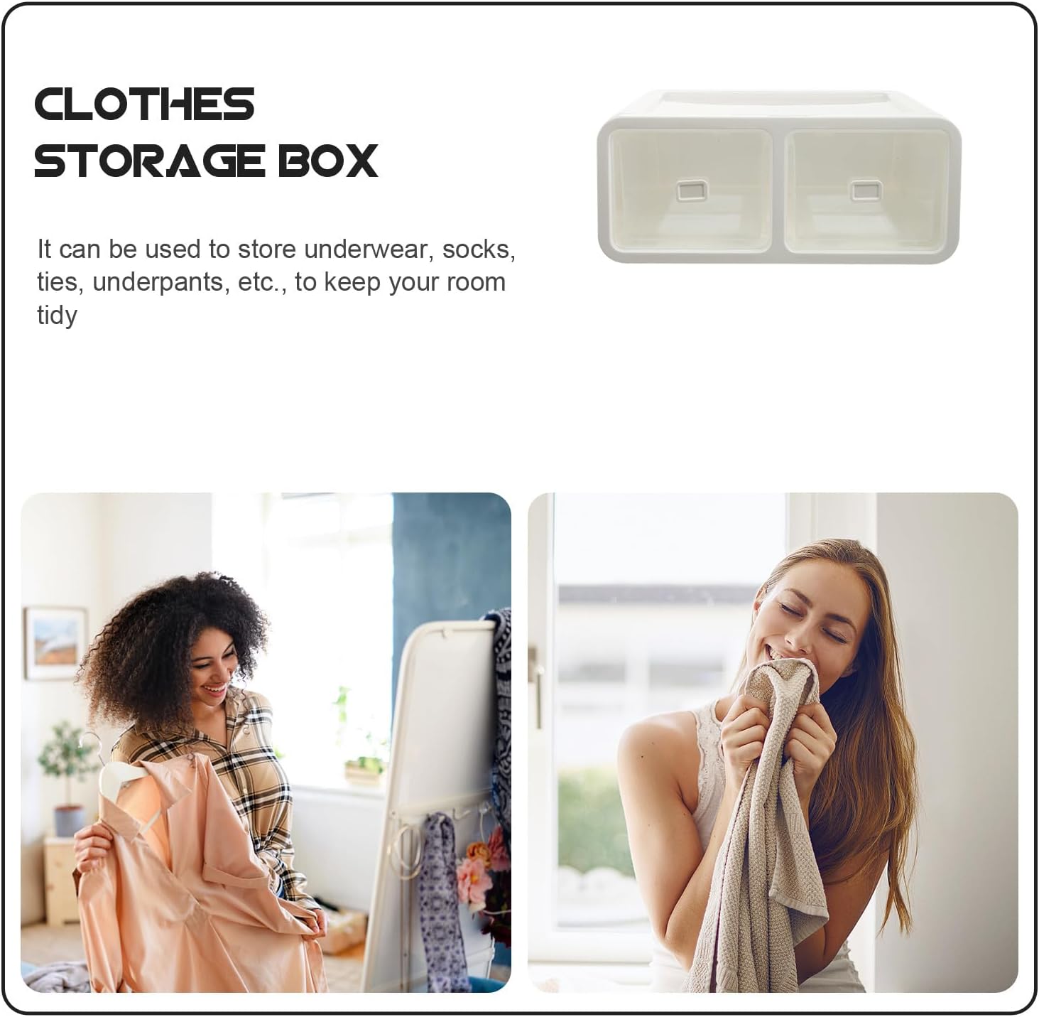 Amosfun Underwear and Socks Storage Box, Stackable 2-compartment Drawer Organizer, White Plastic Closet Storage Container for Home Wardrobe Organization