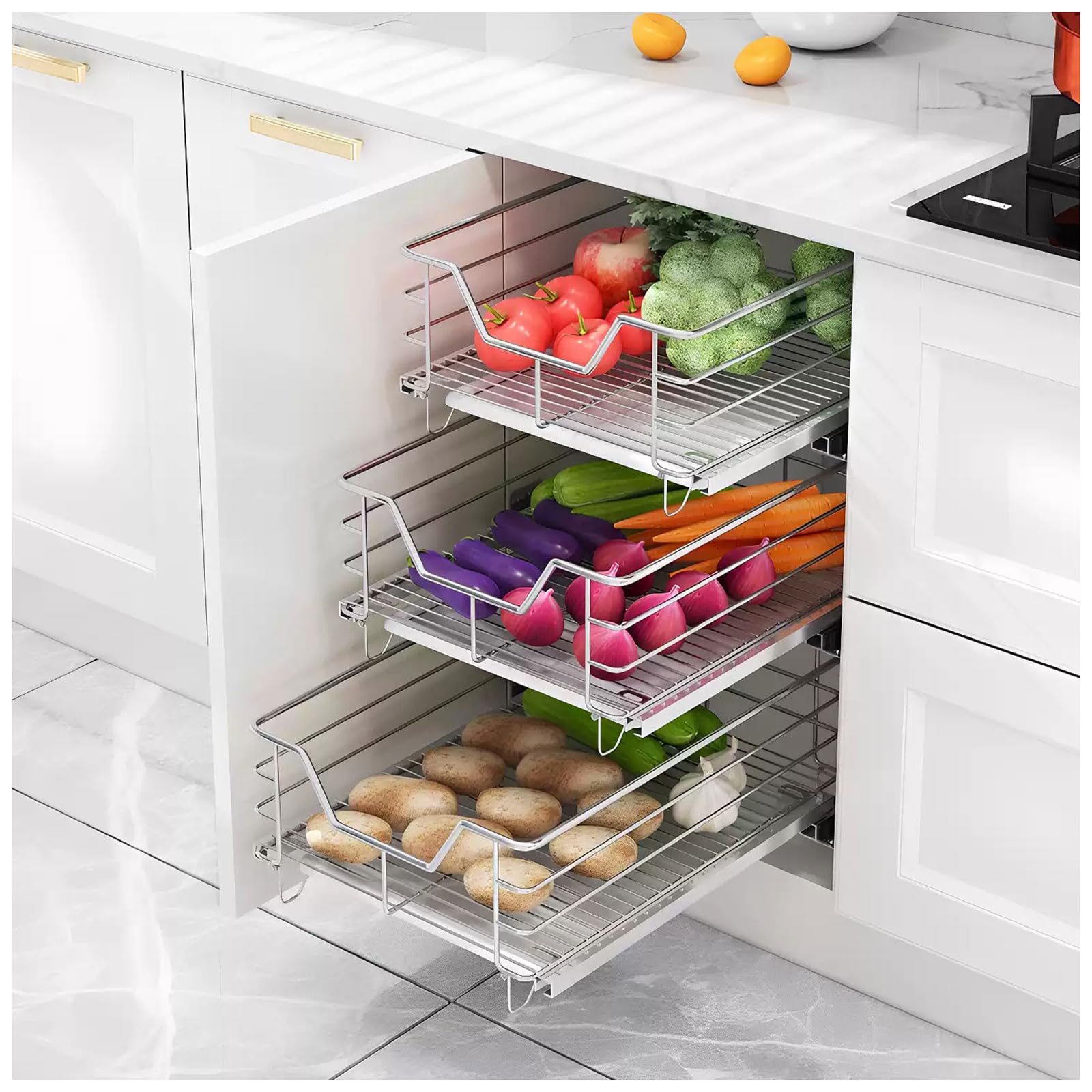 Robuster Edelstahl-Schrank-Organizer zum Herausziehen von Drahtschubladen mit herausnehmbarer Abtropfschale, Küche und Bad, 2 Stück