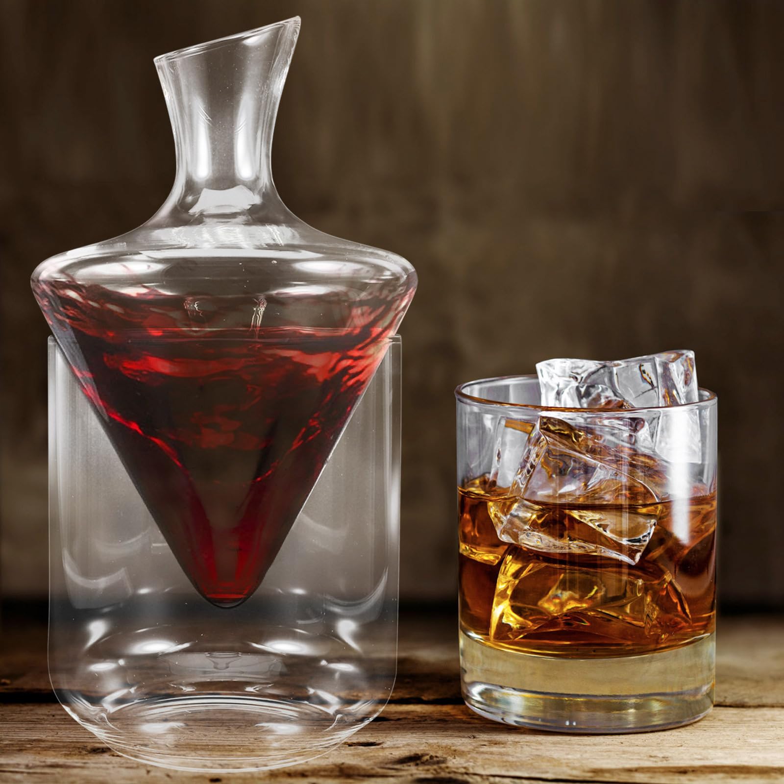Decanter per Vino in Vetro Trasparente Design Obliquo, Distributore e Secchiello per Ghiaccio in Vetro, Set per Degustazione e Servizio Vino da Bar, per Casa e Intrattenimento
