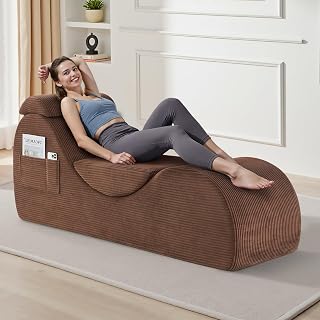 LEIMAOFC Ergonomic Yoga Chair Lounge for Adults - Chaise with Adjustable Headrest, Side Pocket, Lumbar Support - Brown Relaxation Chair