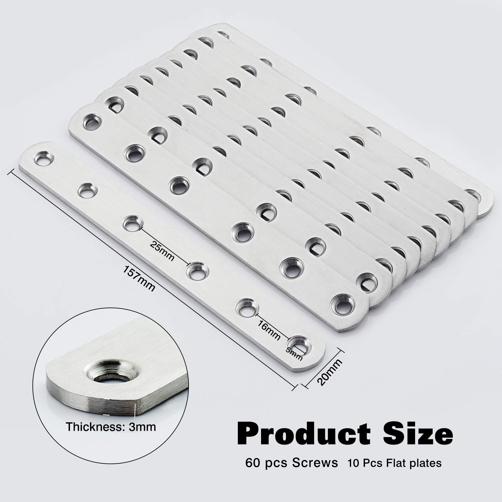 Fest 10-Piece 156×20×3mm Stainless Steel Heavy-Duty Flat Fixed Plate Connection Repair Screw Plate Bracket Used for Repairing Furniture - Image 3