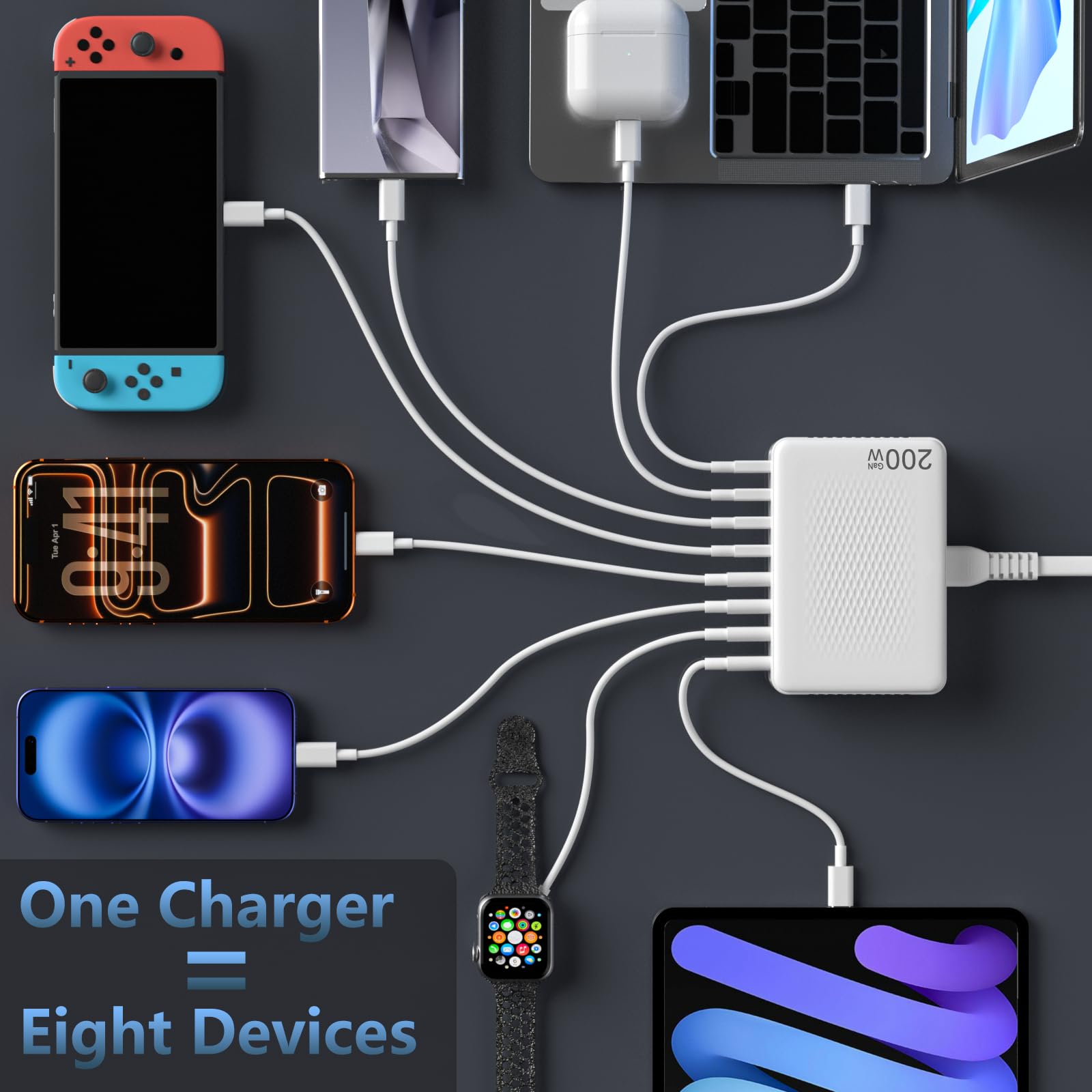 Bloque de carga USB C de 200 W, GaN III de 8 puertos, adaptador de carga rápida PD de 65 W para laptop compatible con todos los MacBook Pro/Air/iPad, DELL, iPhone /1716/15/14/13/Pro Max/Galaxy Pixel