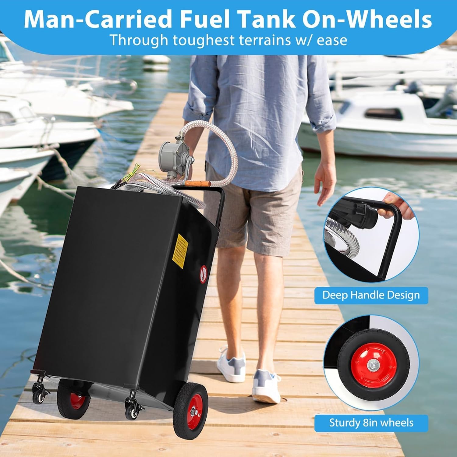 35 Gallon Fuel Caddy, Portable Fuel Transfer Tank with Manual Transfer Pump, Diesel/Gas Container on 4 Wheels Safty for Cars, Lawn Mowers, ATVs, Boats,Trucks