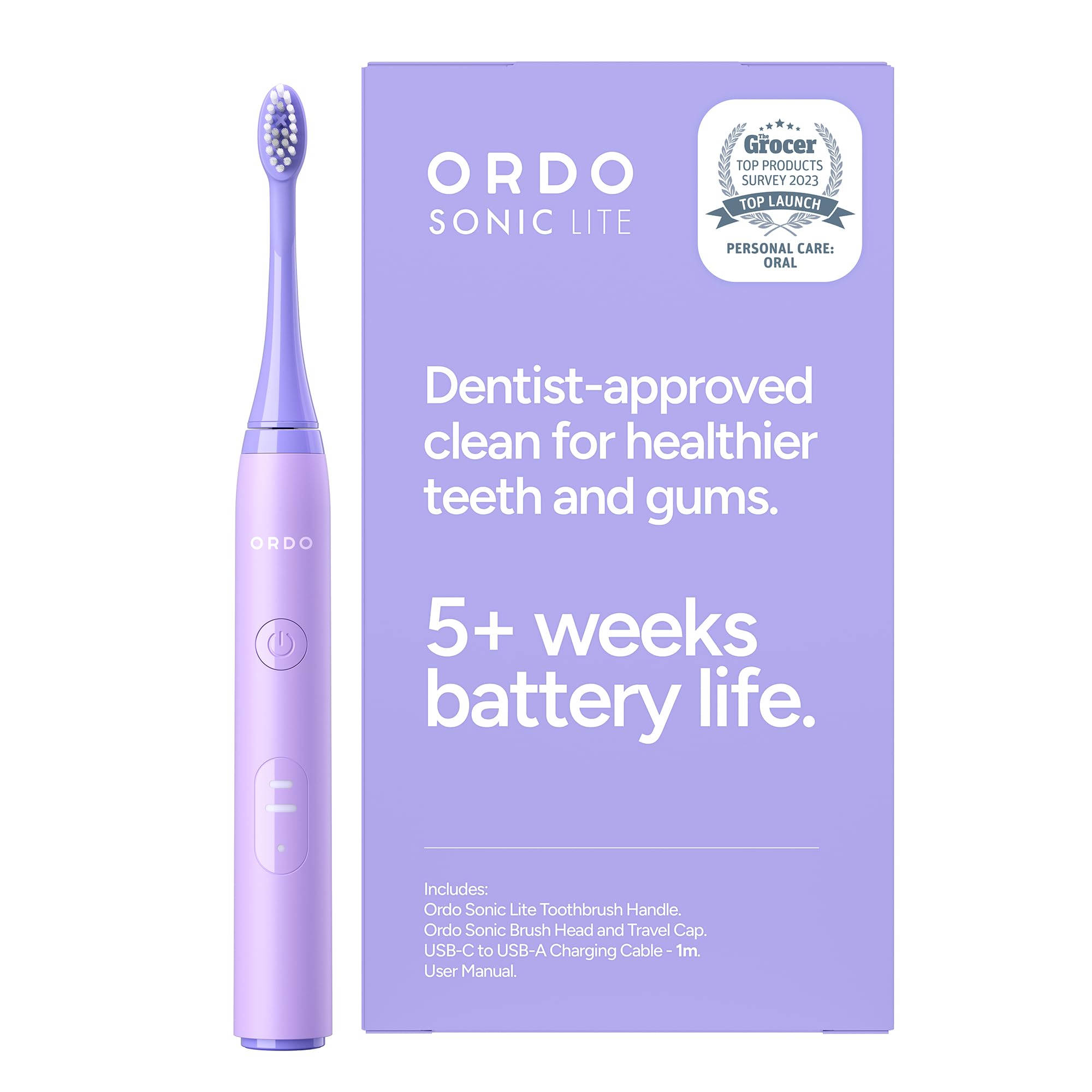 Ordo Sonic Lite Brosse à dents électrique, brosse à dents sonique avec 35 000 impulsions/​min, brosses à dents électriques pour adultes, double mode, batterie de plus de 5 semaines, minuterie