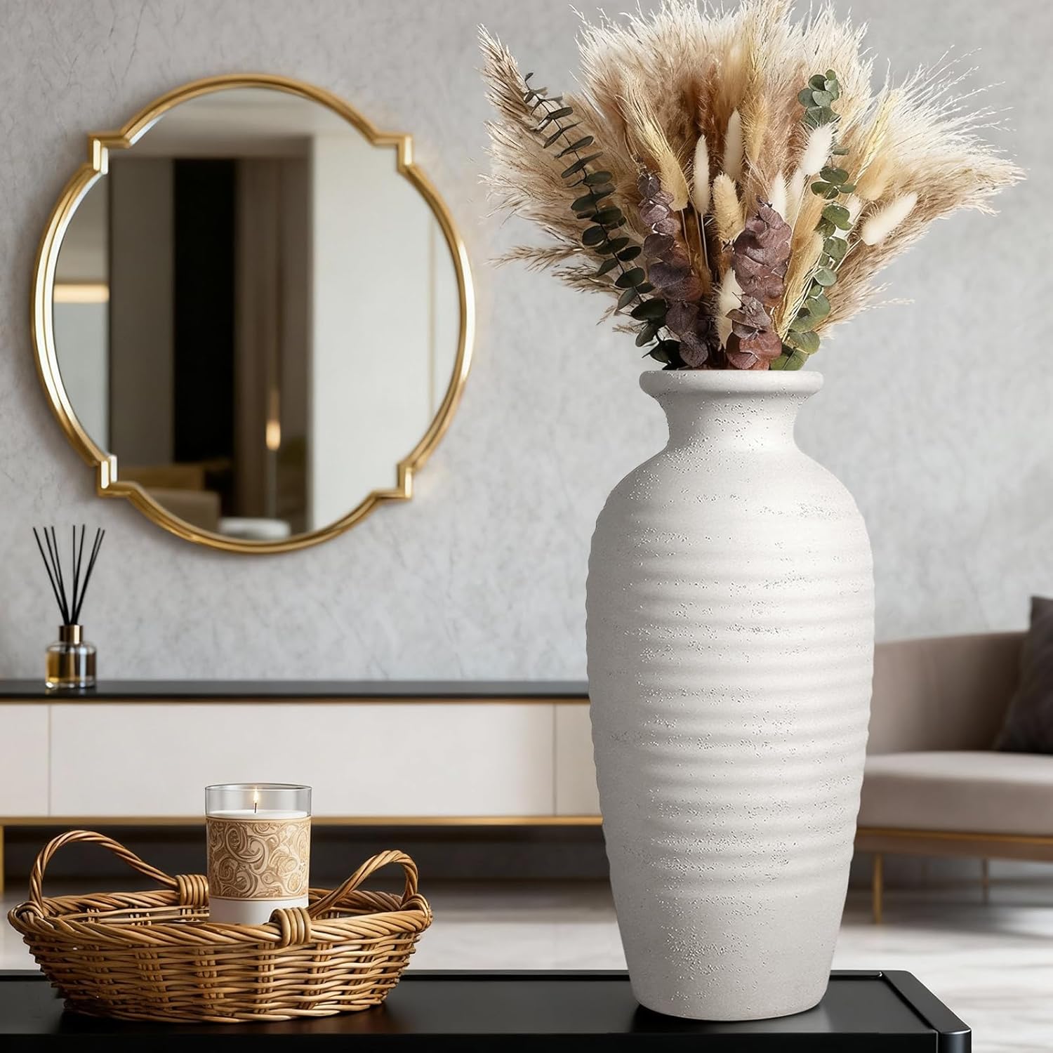 Tall Vintage Ceramic Vase - 14.4 Inch Textured Surface Flower Vase for Home Decor, Farmhouse & Modern Interior, Large Ceramic vase Perfect for Living Room, Wedding Centerpiece, Gift for Housewarming