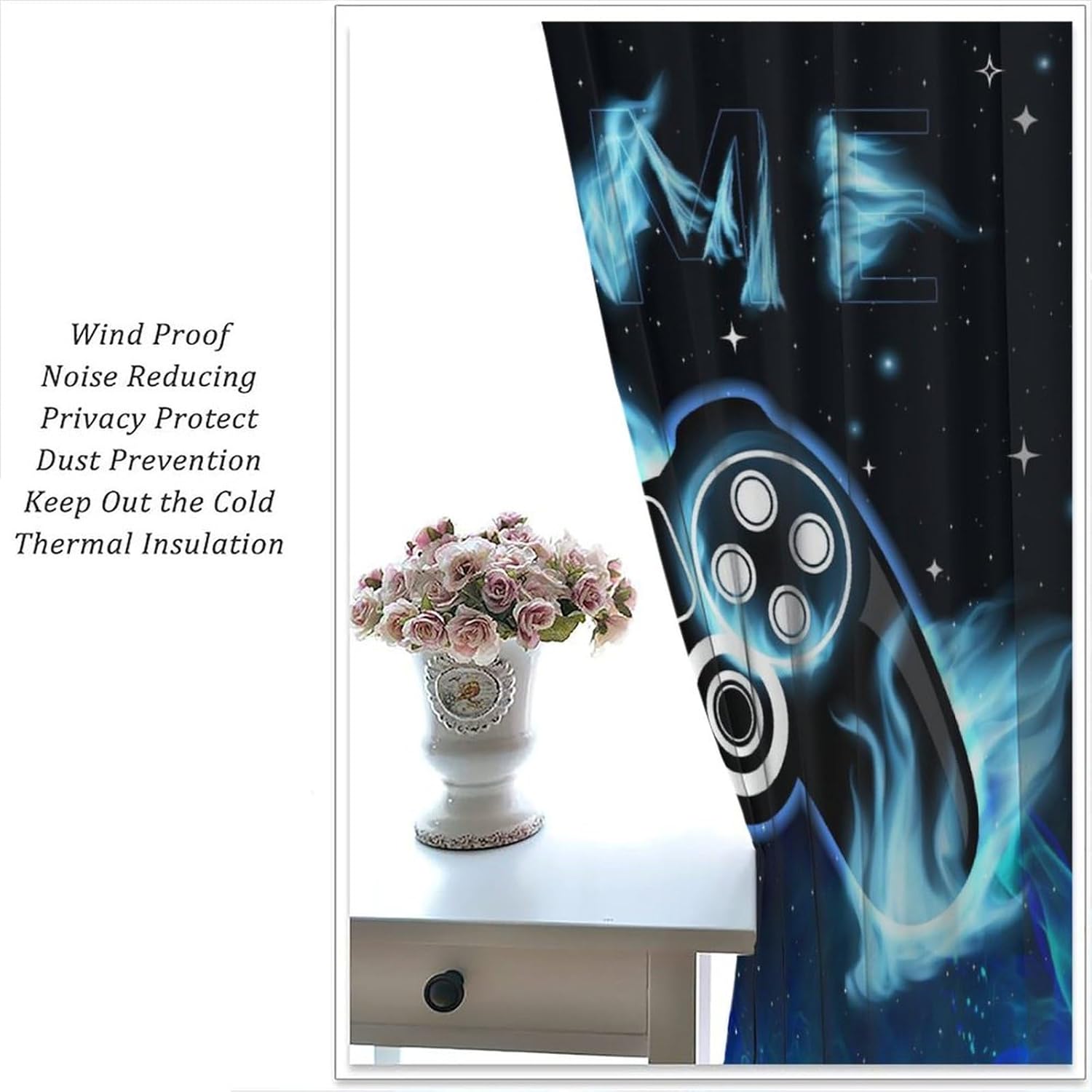 Video Gamer Curtains for Boys,Fantasy Cartoon Blue Flame Computer Gamepad Starry Window Treatments Print for Kids Teenage Bedroom Living Room 41x63.5in（No Blackout）
