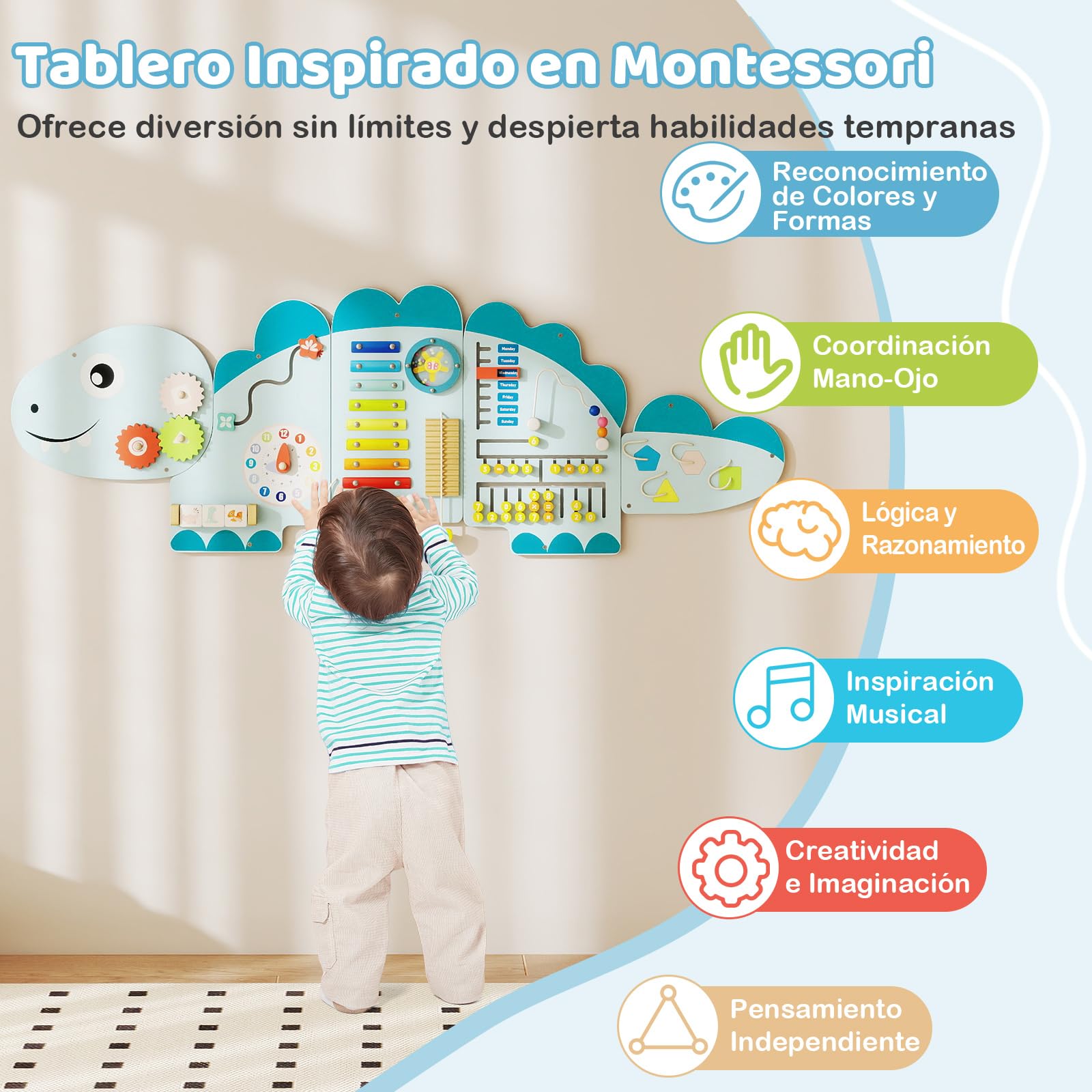 GOPLUS Paneles de Actividades para Pared de Dinosaurios, Centro de Actividades Educativas 11 en 1 para la Educación Temprana, Juguetes Sensoriales Montessori de Madera para Sala de Juegos (Azul)