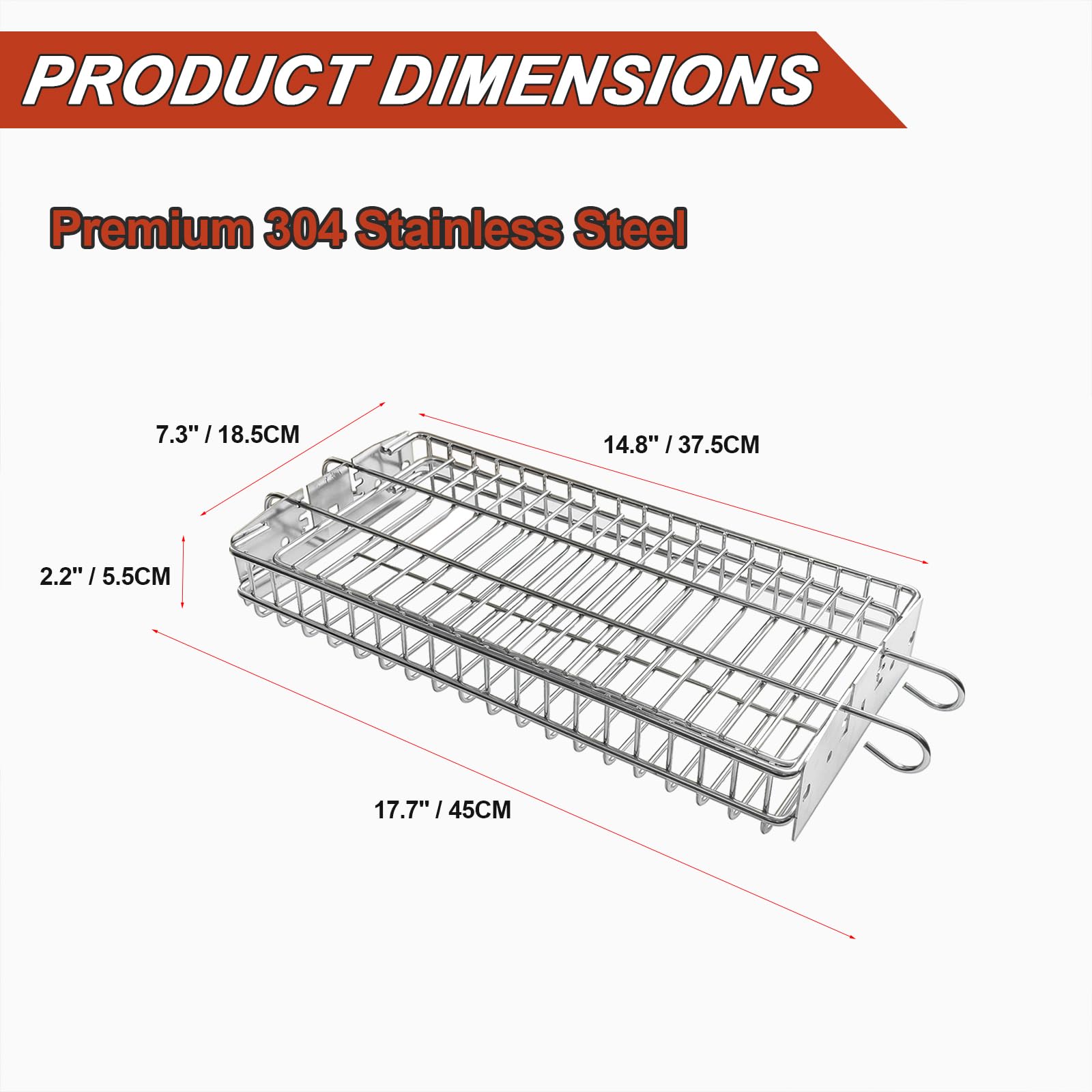 Flacher Grillkorb für Drehspieße, strapazierfähiges Grillzubehör aus Edelstahl, kompatibel mit 8-mm-Vierkant-Drehspießstangen, universell passend für die meisten Outdoor-Grills