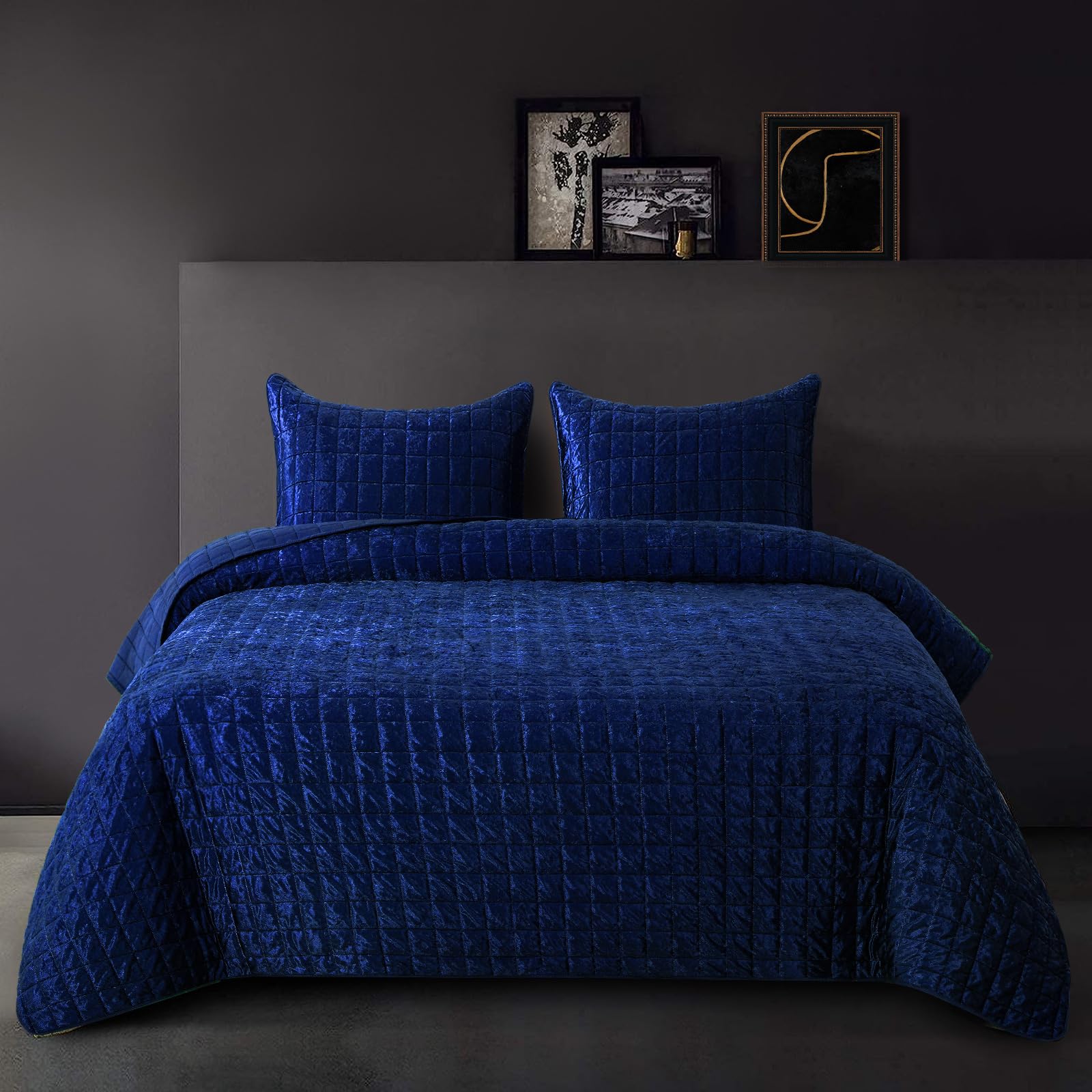 FRAMICS Velvet Quilt Set King Size, Lightweight Velvet Comforter Set 3 Pieces, Soft Quilt Bedspread Coverlet with 2 Shams, Navy Blue Quilt Bedding Set, 96"x104", Navy Blue