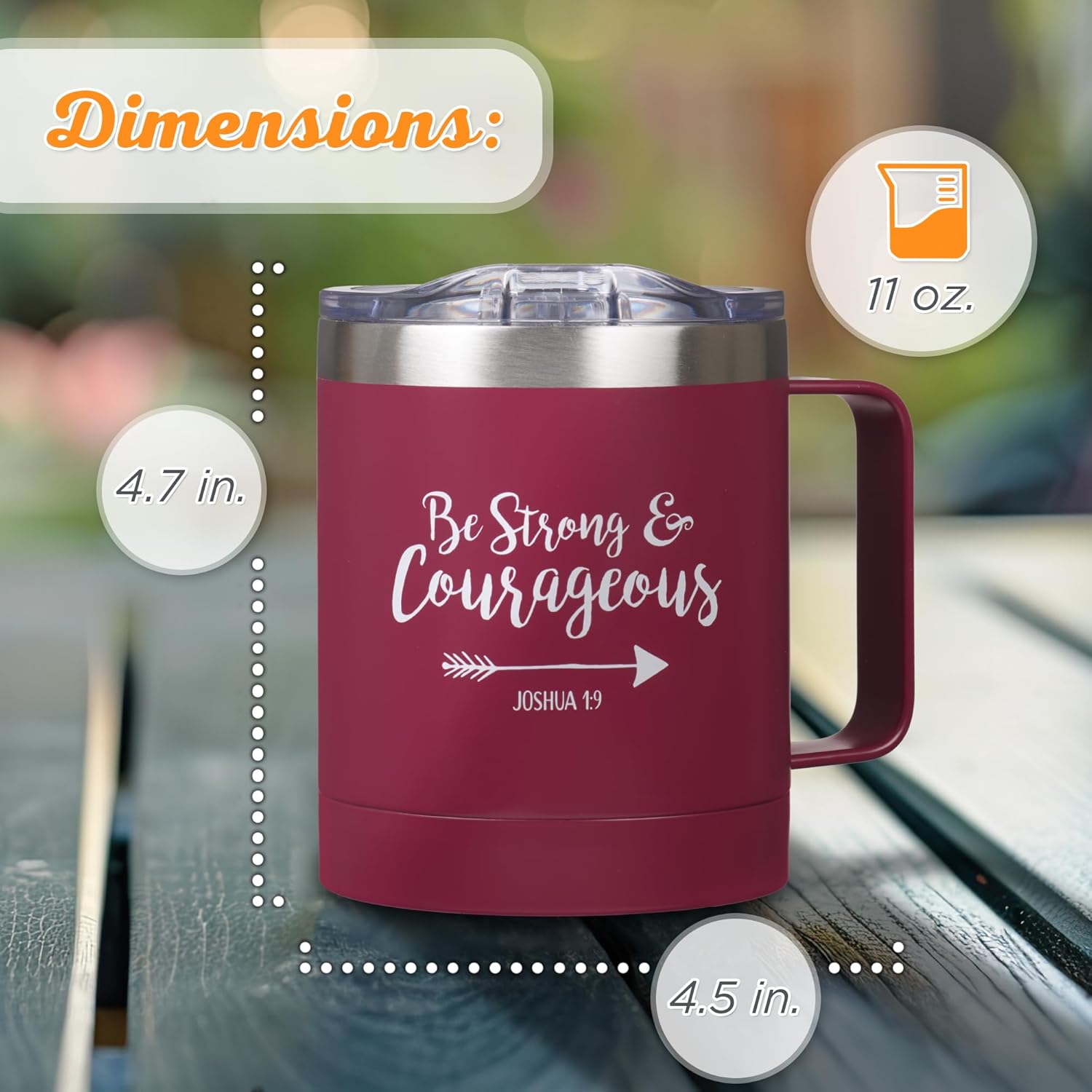 Christian Art Gifts Be Strong & Courageous Stainless Steel Magenta Mug w/Joshua 1:9 - Camp Style Travel Mug for Women and Men (11oz Double Wall Vacuum Insulated Coffee Mug with Lid and Handle) - Image 3