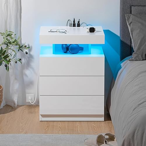Miniatura 8 de HOMMPA Mesita de noche LED con estación de carga inalámbrica y puertos USB, soporte de noche de 3 cajones con luz LED RGB de brillo ajustable,