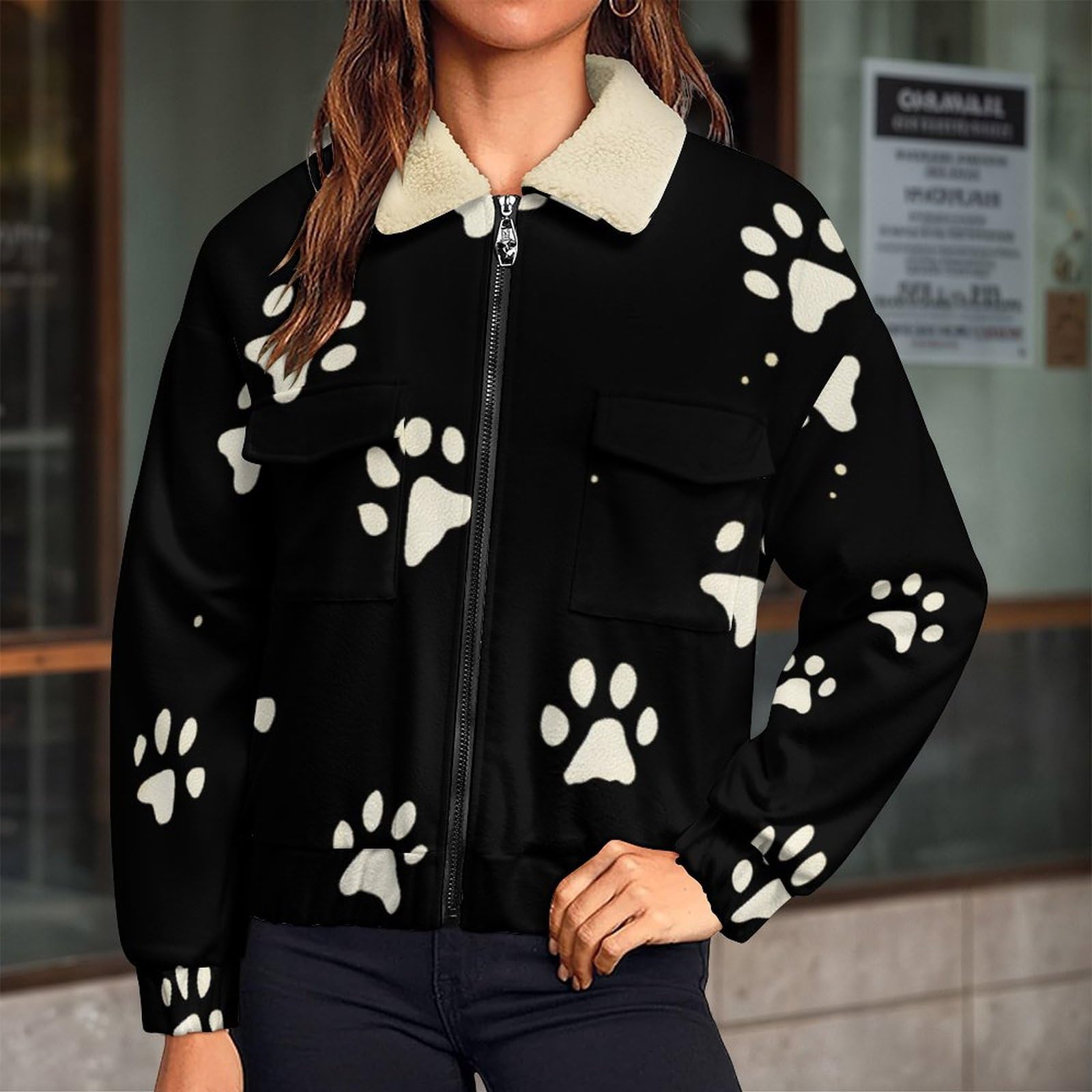 Veste Femme Empreinte De Patte De Chien Mignonne Hiver Veste Polaire Femme Thème Animalier Sweat À Sweatshirt Avec Zippée Noir Manteau D'Hiver Chaud Manches Longues Manteaux Blouson Thermique