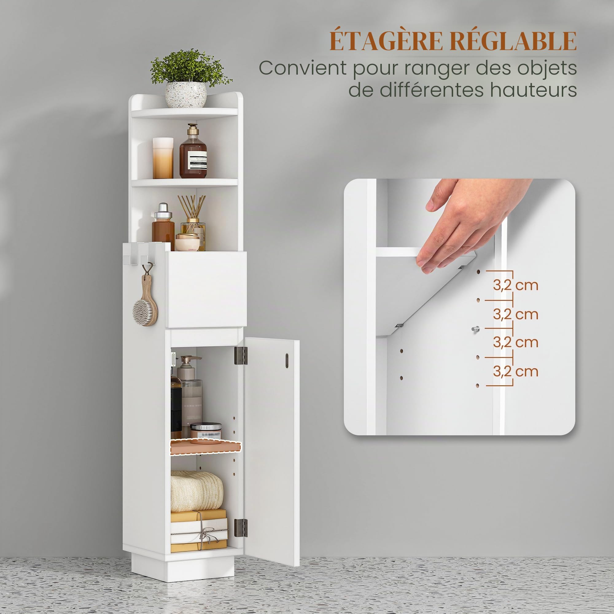 HEXCELEN Meuble de Salle de Bain, Armoire de Salle de Bain d'angle, Blanc | Armoire de Toilette, 20 x 20 x 98 cm, Étagères Réglables, 1 tiroir et 2 Compartiments Ouverts, Meuble Colonne sur Pied