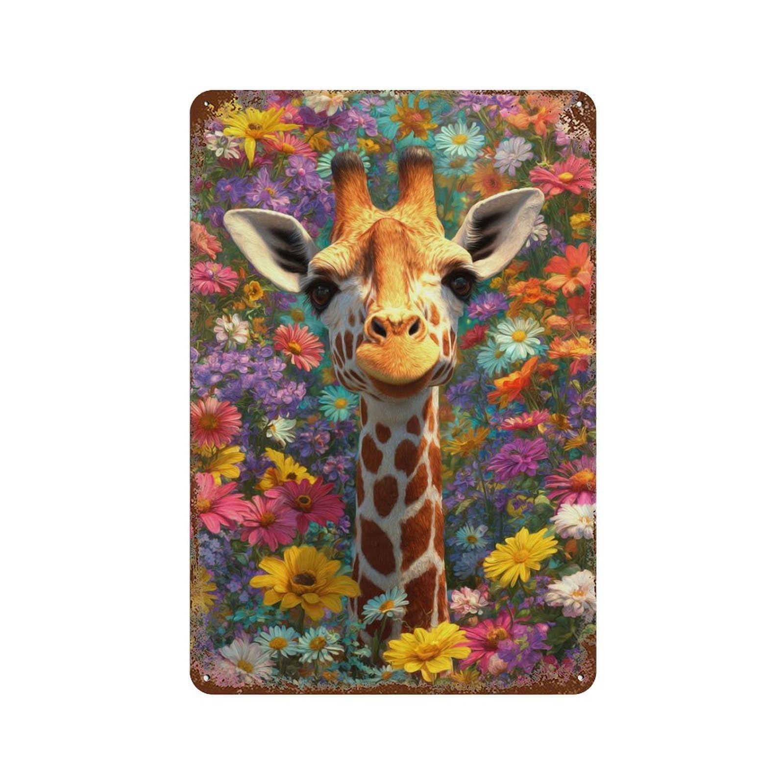 Garage Style Giraffe in Flower Field Decorative Tin Sign 11.8"x7.9", Shabby Chic Decor for Bar And Workshop