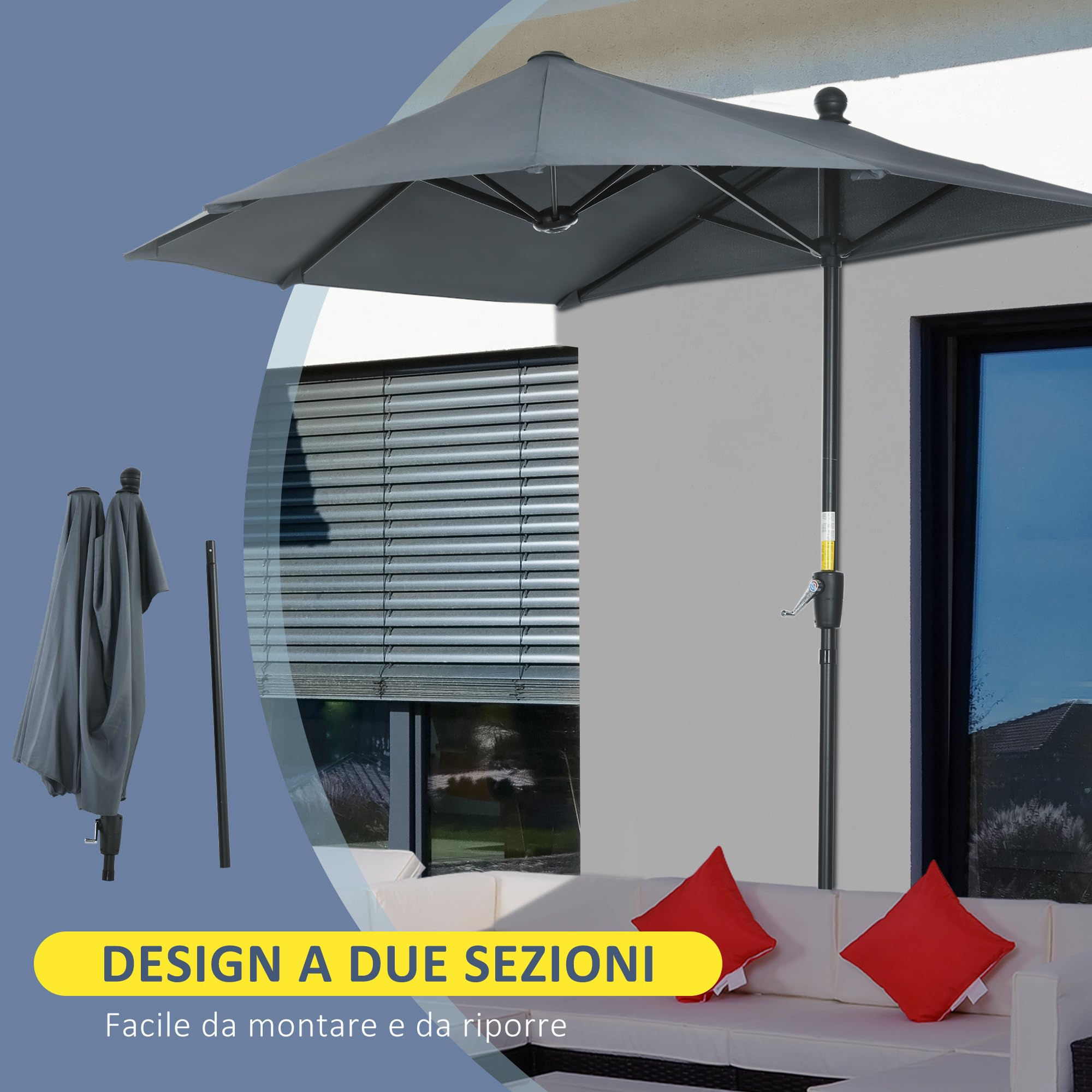 Outsunny Ombrellone da Giardino Parete e Muro 2x1.9 m Anti UV | Apertura a Manovella, Ombrellone Mezzaluna Doppio, 7 Stecche, Supporto a Croce in Acciaio, Poliestere 180g/㎡, Balcone