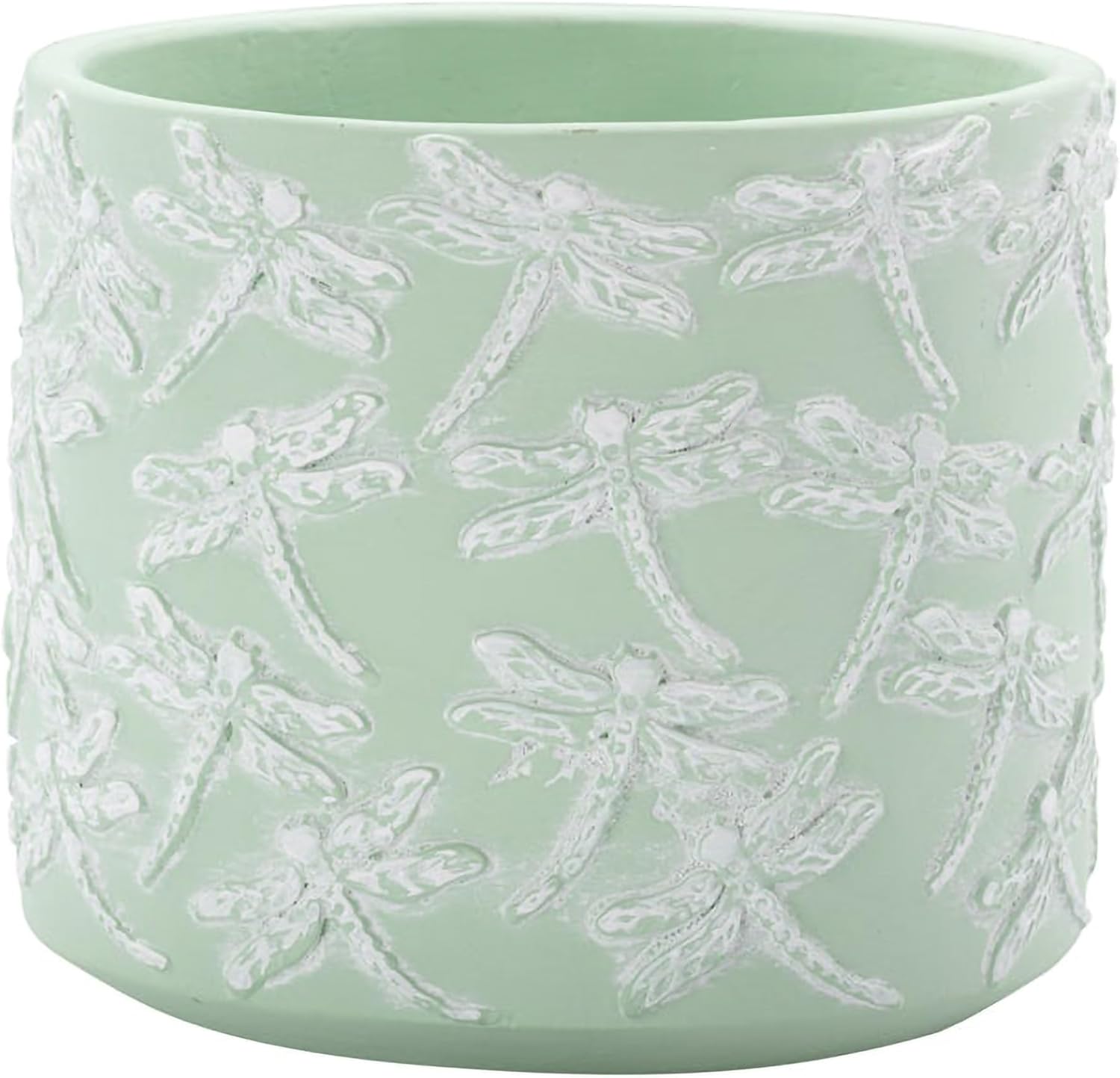 Napco Imports Embossed Dragonfly Concrete 5.5 x 6 Inch Mint Green Indoor or Outdoor Standing Planter Cache Pot with Plastic Liner for Succulents, Herbs or Small Plants