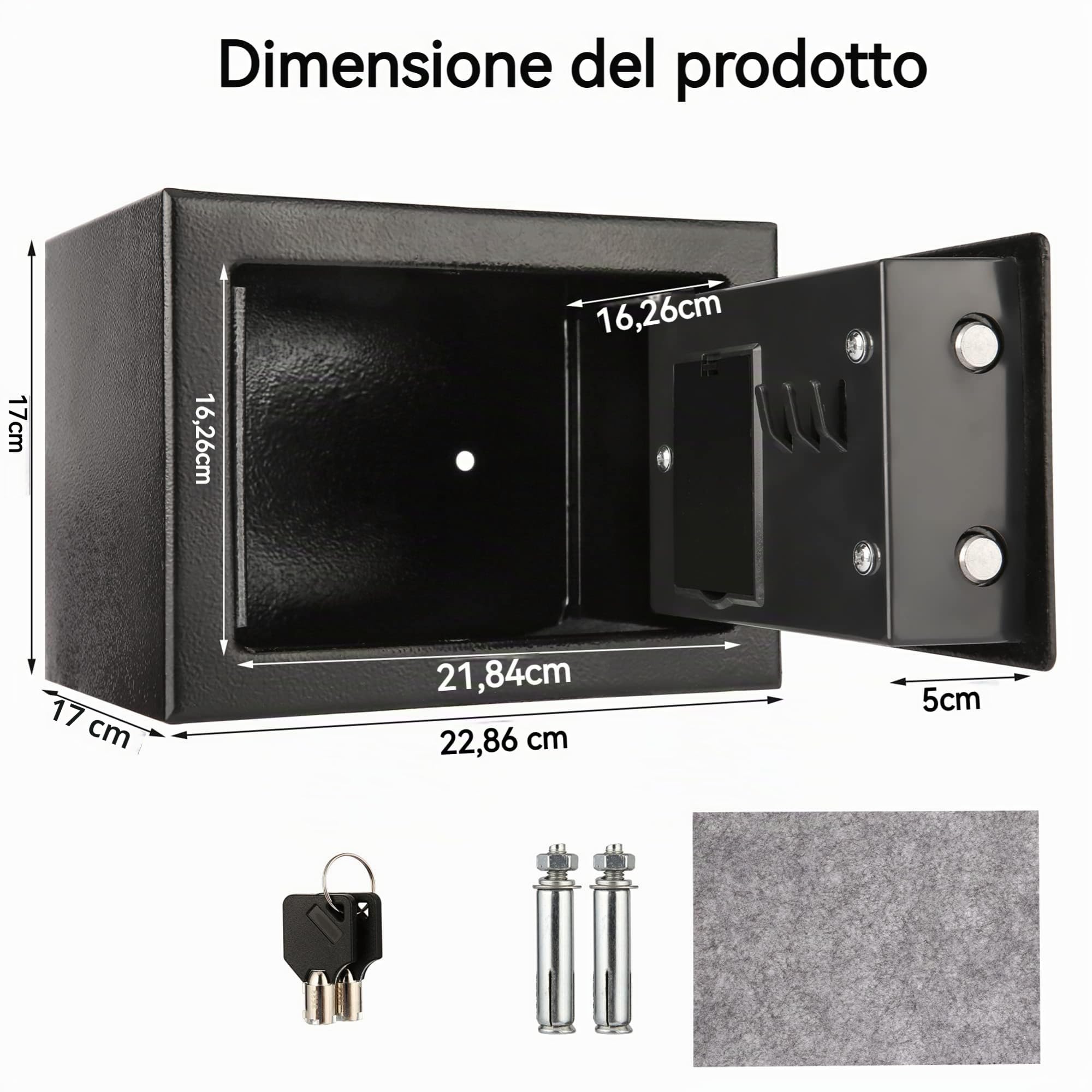 6,5L Compatta Cassaforte Ignifuga e Impermeabile – Cassaforte Elettronica per Armadi con Doppi Bulloni in Acciaio, Rivestimento in Velluto e Chiavi di Emergenza, 23 x 17 x 17 cm