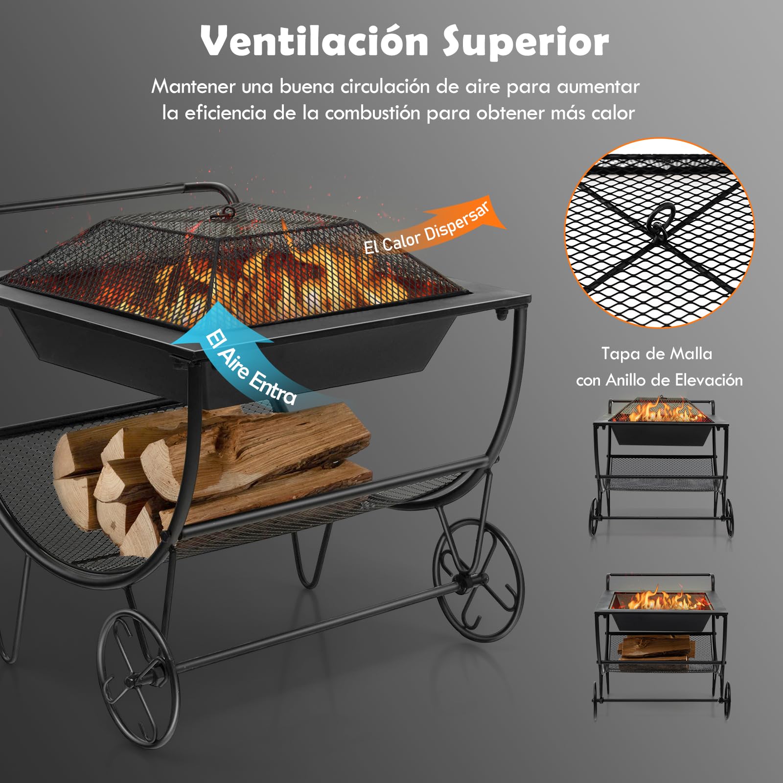 GYMAX Chimenea con Ruedas, Estufa de Leña para Terraza con Estante de Almacenamiento, Bandeja de Fuego, Brasero Exterior Jardin Portátil para Leña para Hogueras, Camping y Picnic, Negro