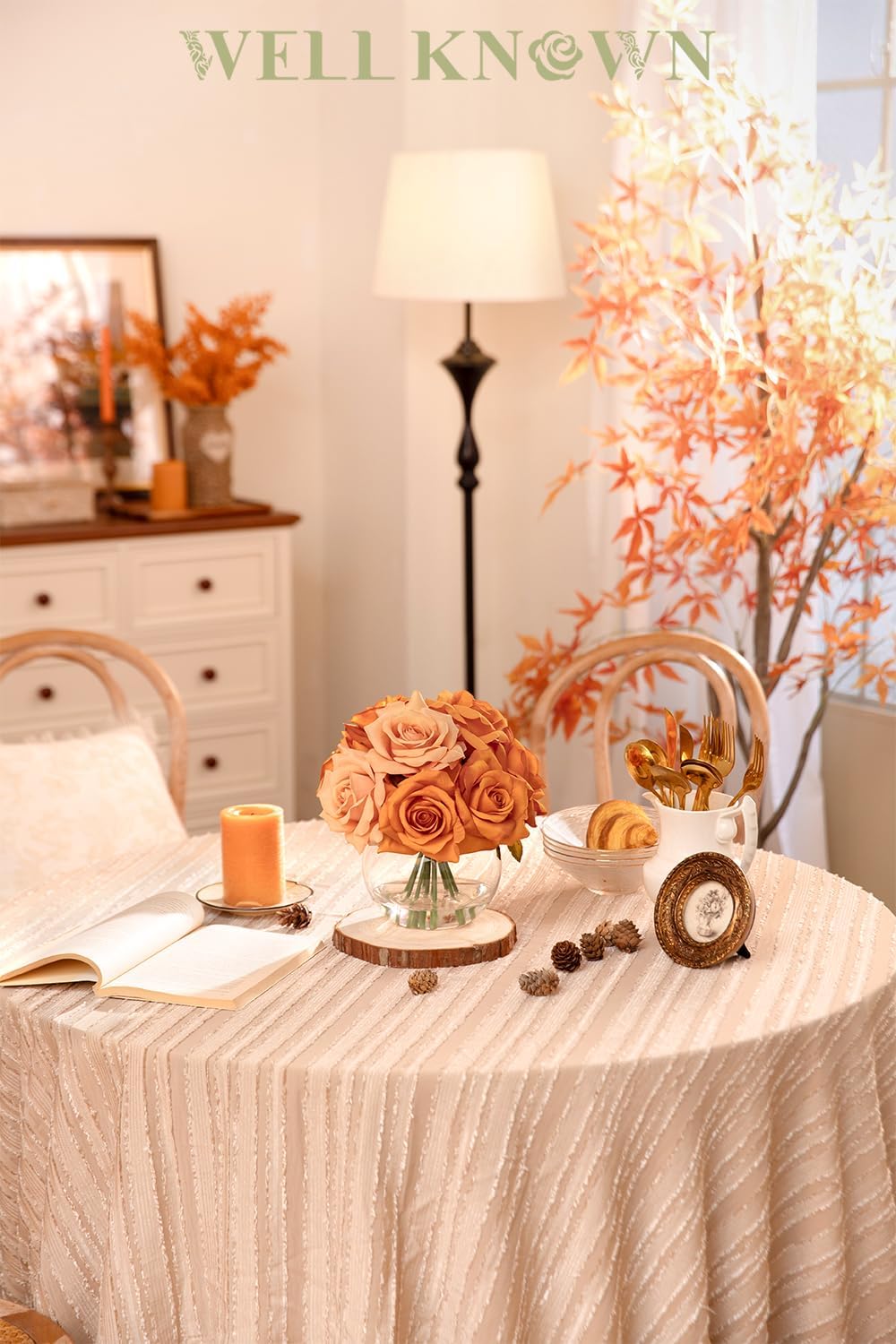 Artificial Flowers Arrangements in Vase with Faux Water, Artificial Orange Champagne Silk Rose Bouquet with Vase for Winter Spring Seasonal Home Wedding Party Centerpieces Decor & Mom's Gift - Image 3