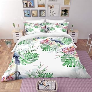 Odot Green Leaf Bedding Set, 3D Tropical Cactus Printing 3 Pieces (Duvet Cover & Pillowcases) Microfiber Polyester Breathable Single Double King Size Bed Girls Boys (260×220cm,Toucan)