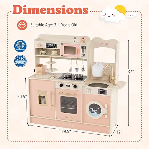 Miniatura 9 de Costzon Juego de cocina para niños, juego de madera para niños pequeños con luces y sonidos reales, grifo, horno de microondas, cafetera y tostadora