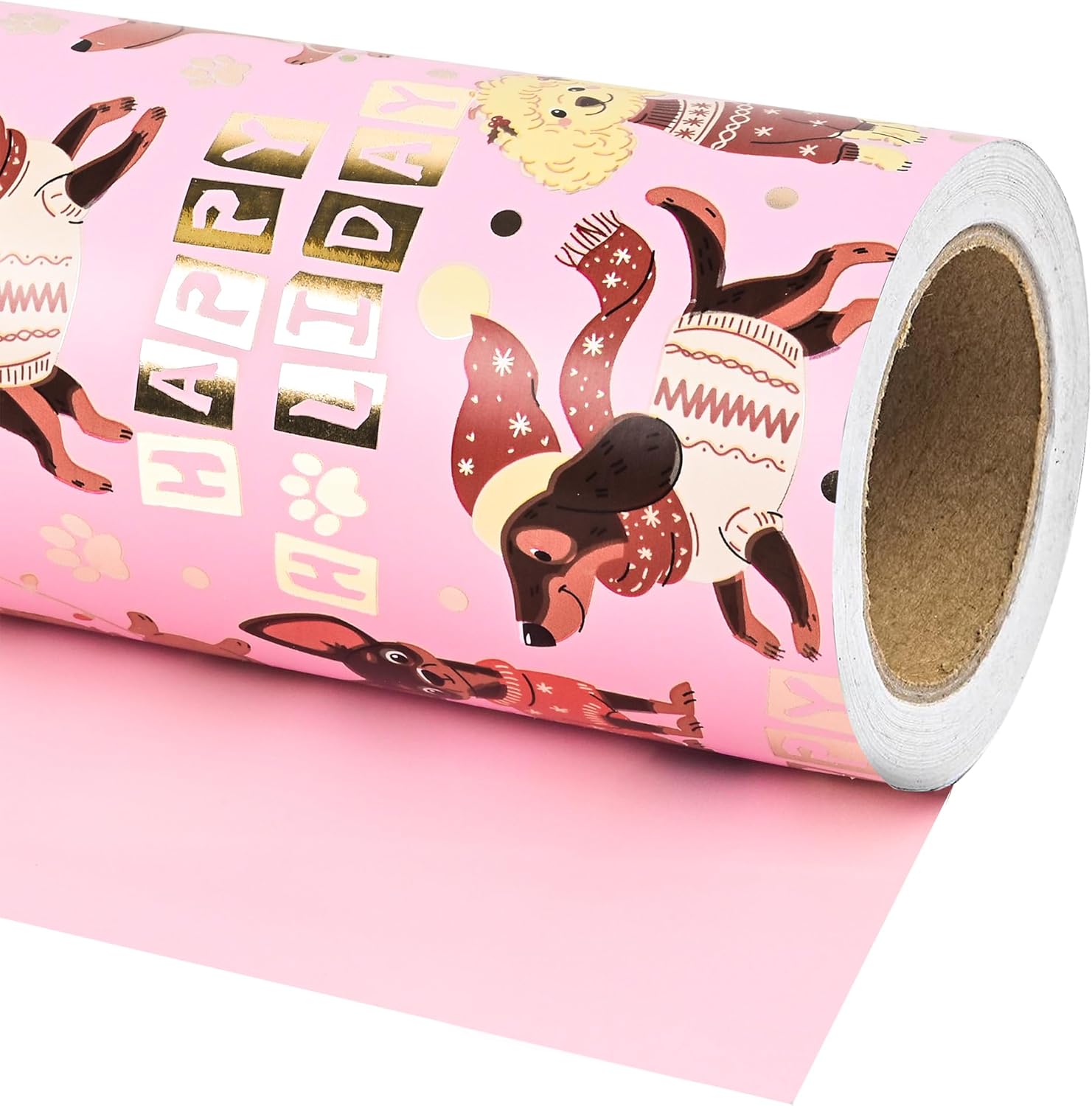 Dlyrroba Reversible 30 In Jumbo Christmas Wrapping Paper Roll - Metallic Foil Gift Wrap with Pink Gold Dog Happy Holiday, Matte Solid Color Design for Holiday Winter (Dog Christmas, 30 inch X 100 feet)