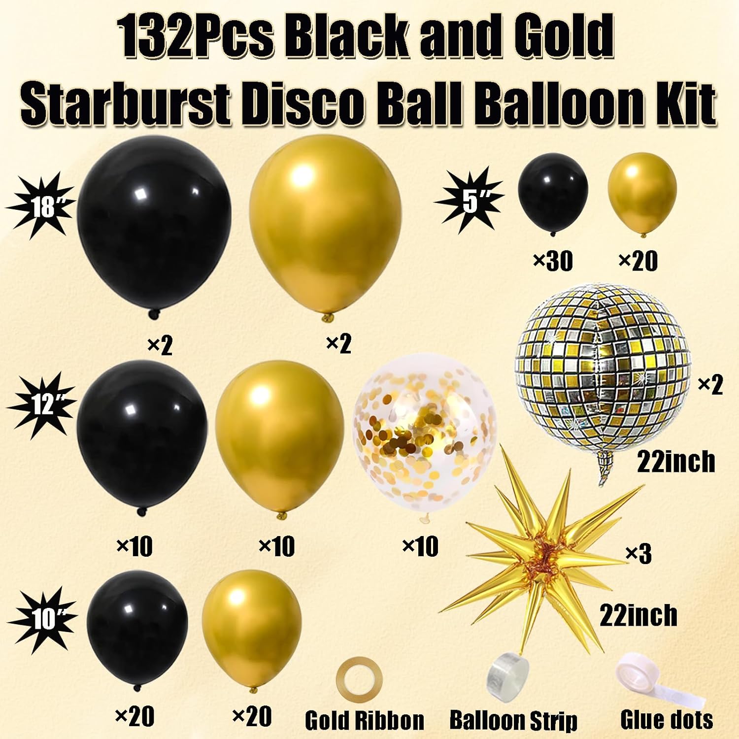 Black and Gold Balloon Garland Arch Kit with Disco Ball Foil Balloons, Gold Confetti Latex Balloons for Graduation Anniversary Birthday Party Decorations
