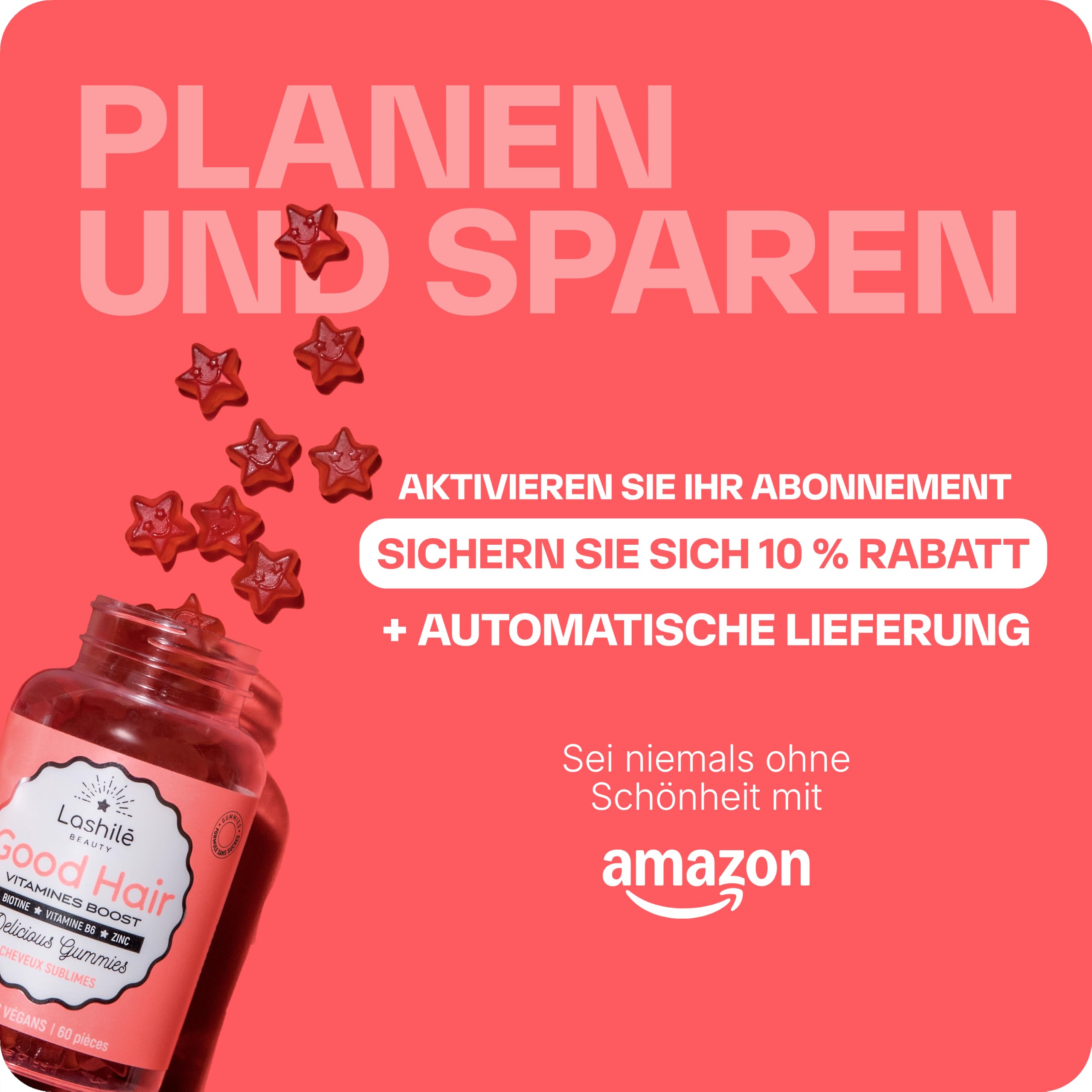 Lashilé Beauty Good Hair – Nahrungsergänzungsmittel für Haare mit Biotin, Zink & Folsäure – Haarwachstum & Kräftigung – Vegan, Zuckerfrei – 60 Tage-Kur, 120 Gummis