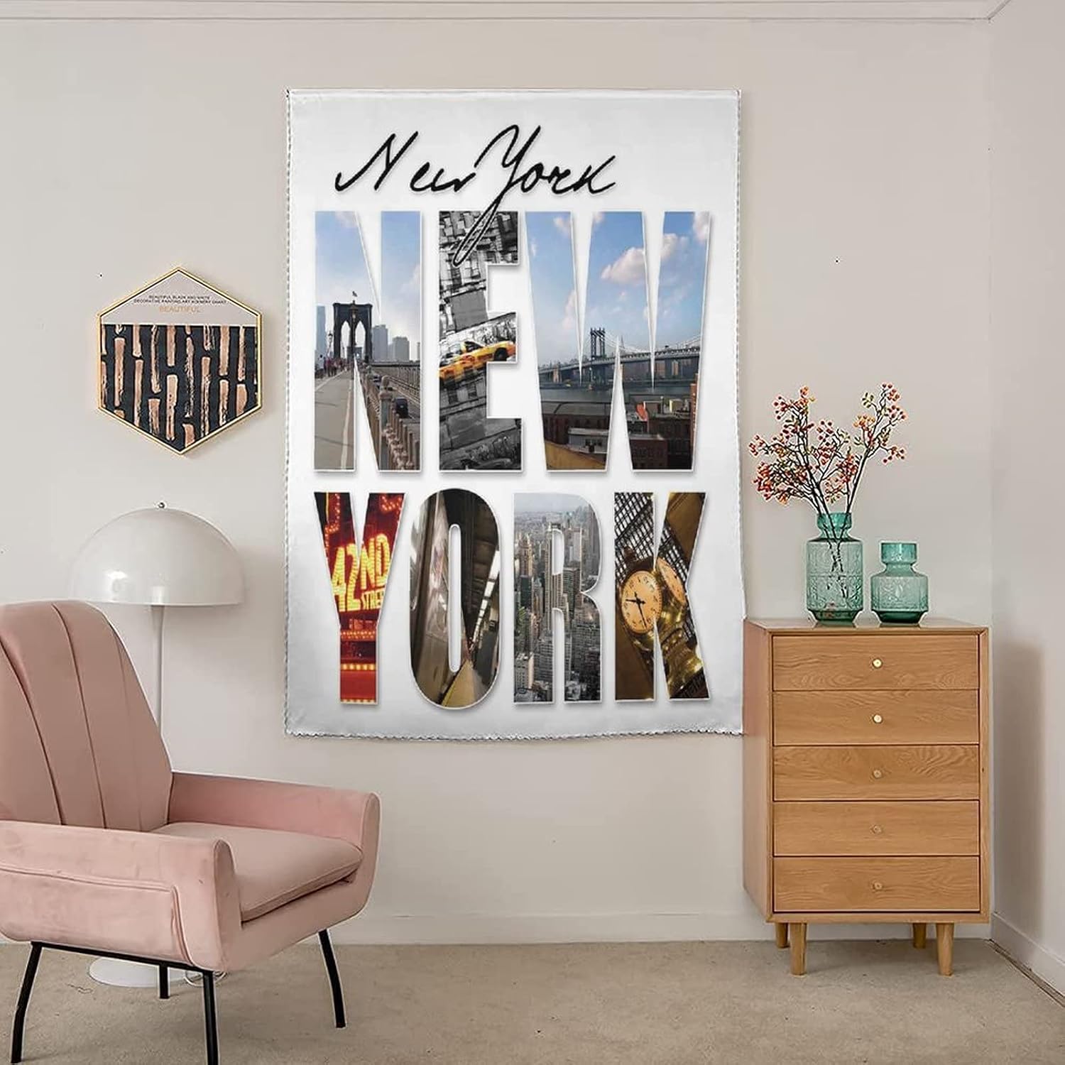 Anywhere Portable Blackout Curtain, NYC Decor Door Window Curtains, New York City Different Areas of Manhattan Scenery Print Bedroom Blackout Curtains,59W x72L Inches,for Nursery,Children Kids Bedroom