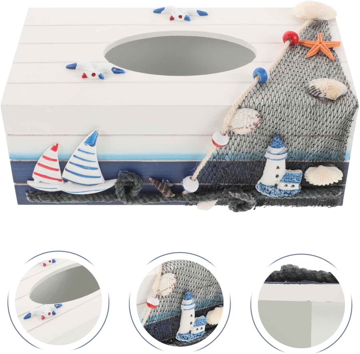 Beach Tissue Box - Wooden Tissue Box Cover, Napkin Holder Box for Table, Rectangle Paper Towel Storage Case Household Decorations Ornaments (9.45" L x 4.72" W x 3.94" H)