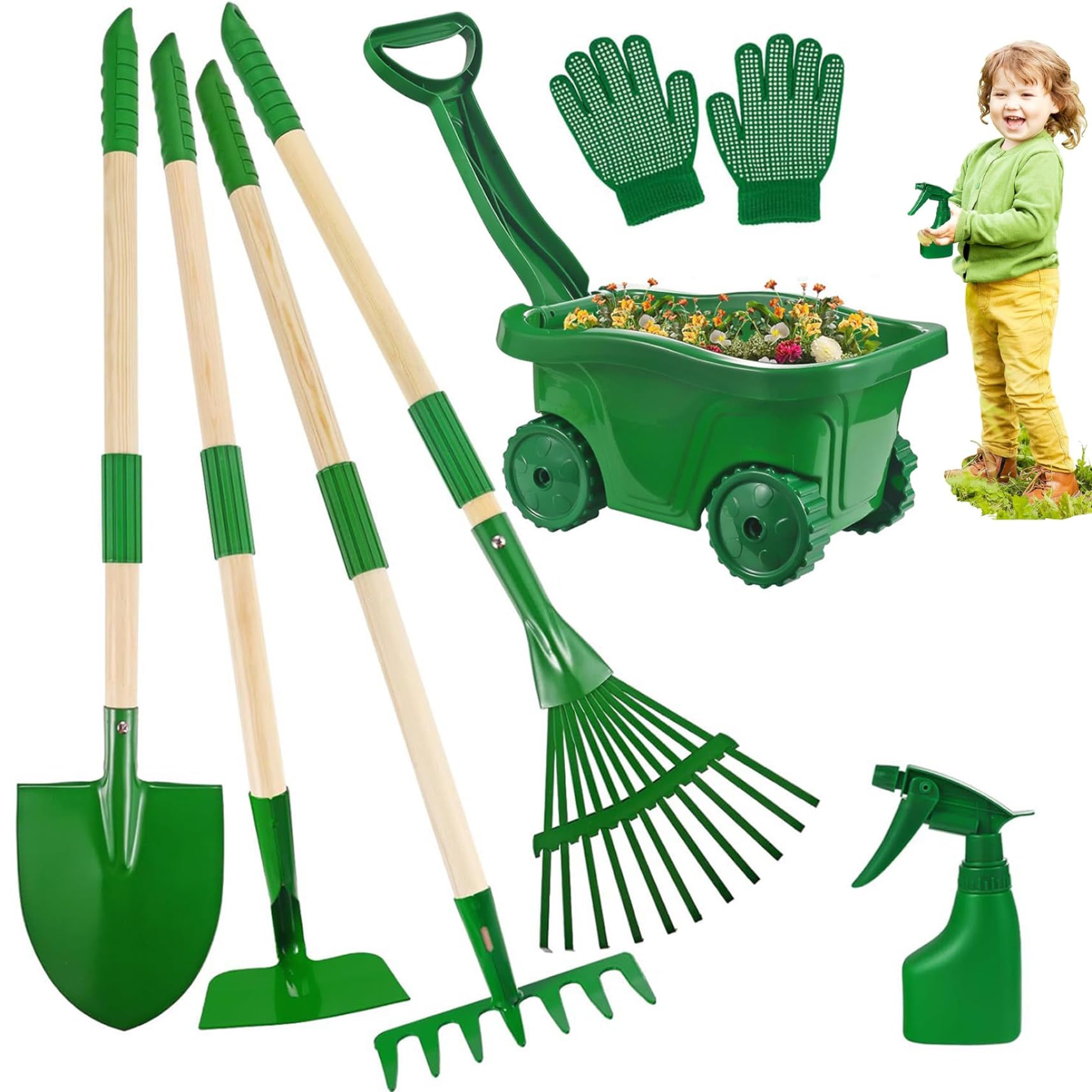 7-teiliges Gartenset für Kinder, Gartengeräte für Kleinkinder mit Schubkarre, Schaufel, Rechen