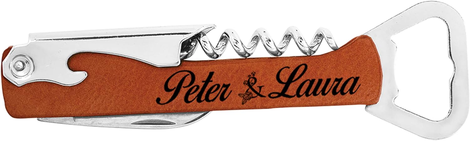 Personalized Couples Corkscrew Wine Bottle Opener (Rawhide)