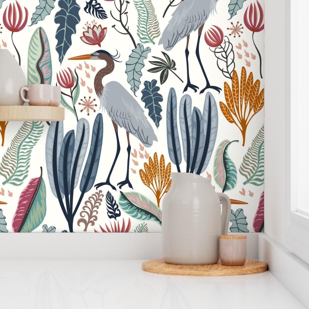 Removable Wallpaper 9ft x 2ft - Heron Botanical Large Scale Cranes Marshland Habitat Custom Pre-Pasted Wallpaper by Spoonflower