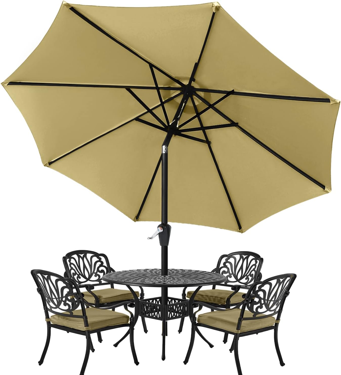 HLong Outdoor Aluminum Patio Umbrella, Market Table Umbrella with Push Button Tilt and Crank, 8 Ribs(10ft, Khaki)