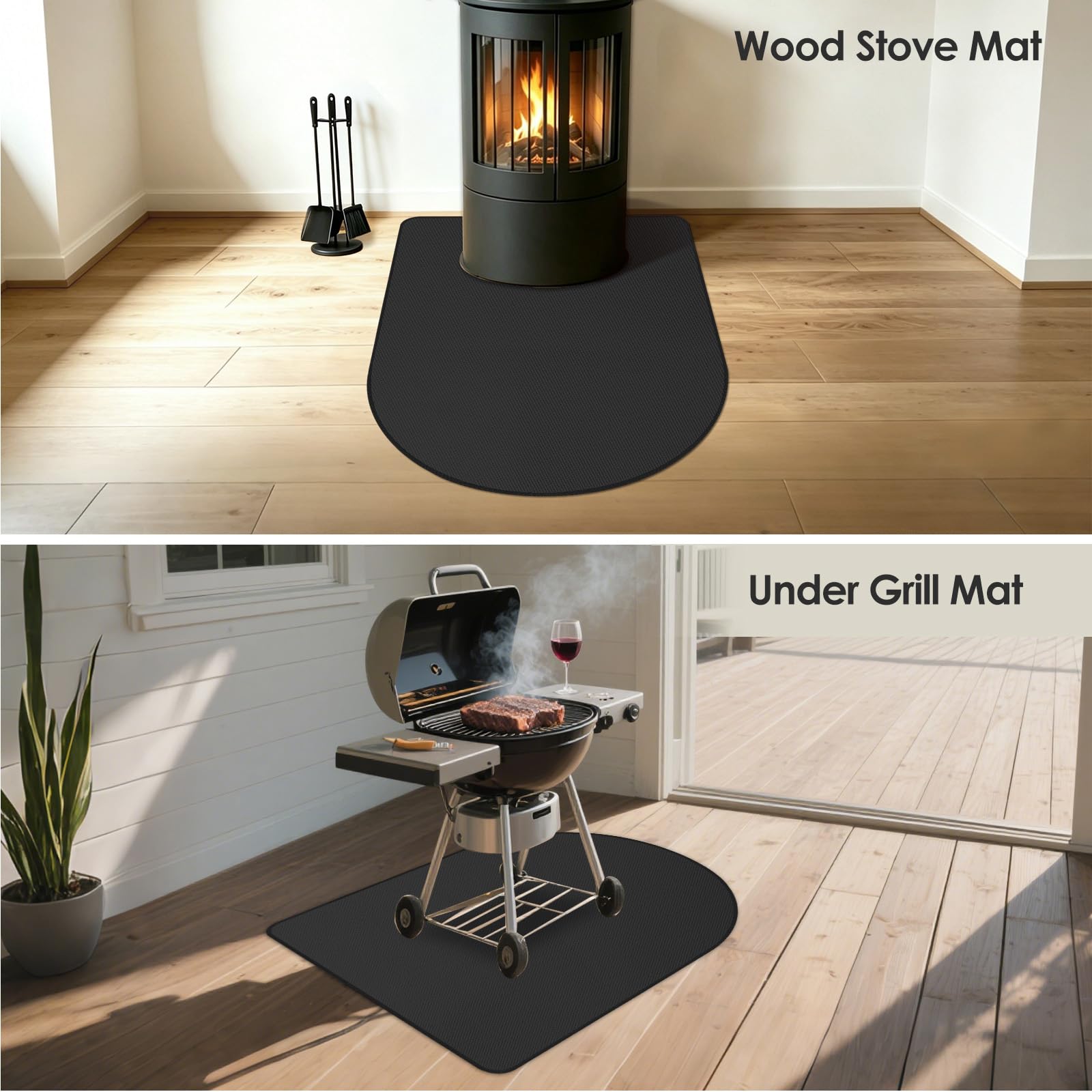 Tapis de cheminée rond résistant au feu Noir 110 x 85 x 0,1 cm | Tapis ignifuge 1000 °C pour brûleur à bûches, tapis de protection contre les étincelles, facile à nettoyer, polyvalent