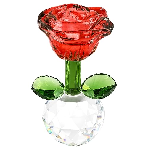 Crystal Red Rose Figurine Glass Flower with Ball Base Mini