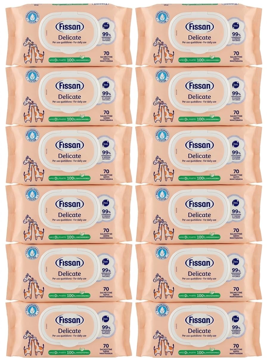 Salviettine Umidificate Delicate per Bambini e Neonati, 99% Ingredienti di Origine Naturale, con Zinco, 100% Biodegradabili, Uso Quotidiano, 70 Salviettine Per Confezione (Set da 12 Confezioni)
