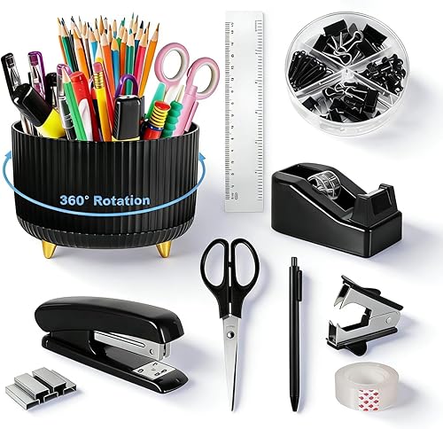 Gawsey Juego de organizadores y accesorios de escritorio negro con soporte giratorio de 360 grados, dispensador de cinta, grapadora, removedor de