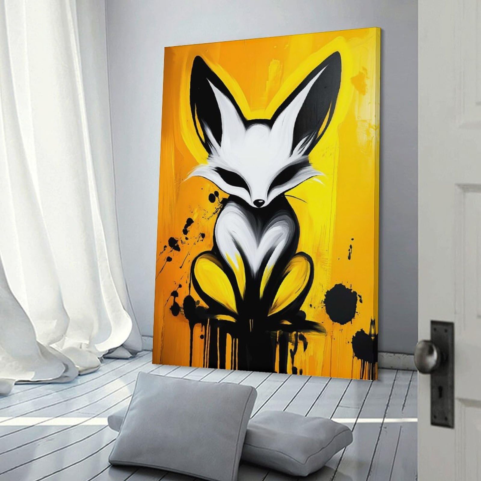 Junmoney Wall Decor Canvas Print White Fox on Yellow Background, 24x36inch(60x90cm), for Study, Office Or Focused Interiors, Wall Art That Adds Style to Work Areas