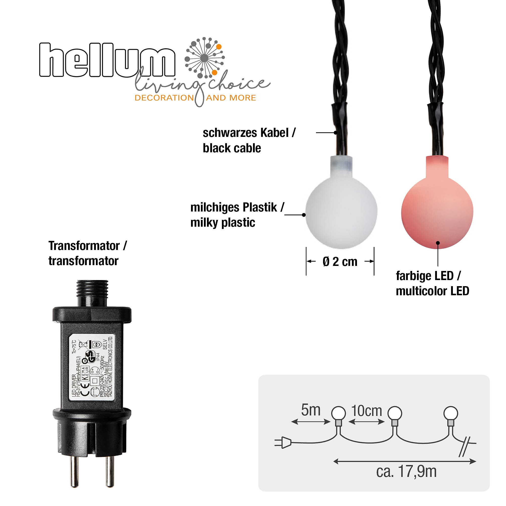 hellum Kugel Lichterkette außen mit Timer, LED Lichterkette mit 180 bunte Glühbirnen, Strombetrieben Partybeleuchtung beleuchtet 12,9m zu Weihnachten, Party-Deko, Garten, Sommer, 578300(530292?