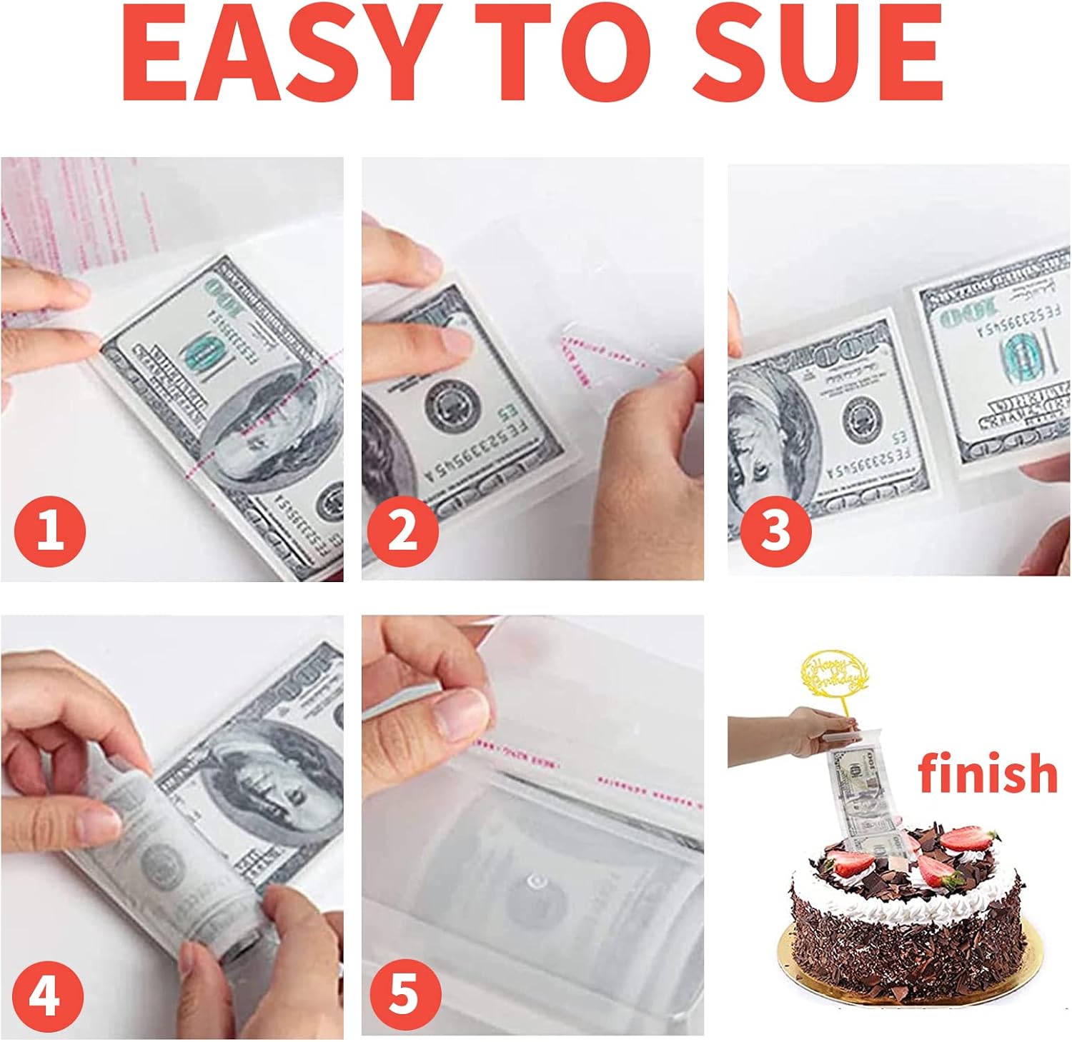 LOMIMOS 100pcs Cake Money Box Transparent Bag,Resealable Cellophane Adhesive Self-Sealing Clear Plastic Packing Bag for Birthday Wedding Party Decoration,3.1X7.5in