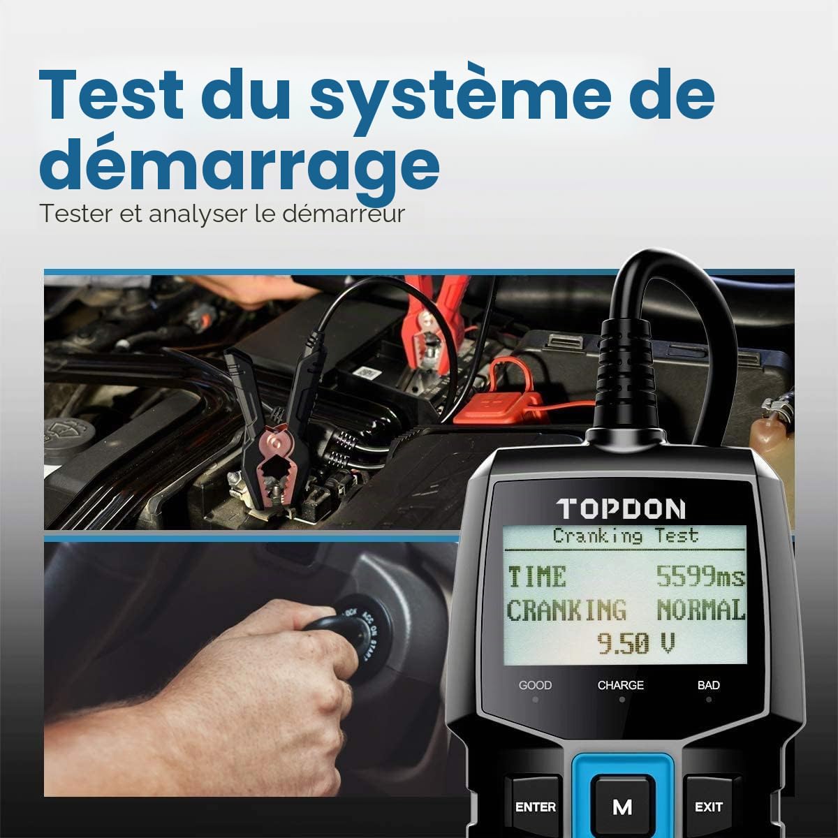 TOPDON Testeur de Batterie BT100, 12V Testeur batterie voiture100-2000 CCA Essai de charge de démarrage avec batterie pour Voitures Motos VTT VUS Yachts