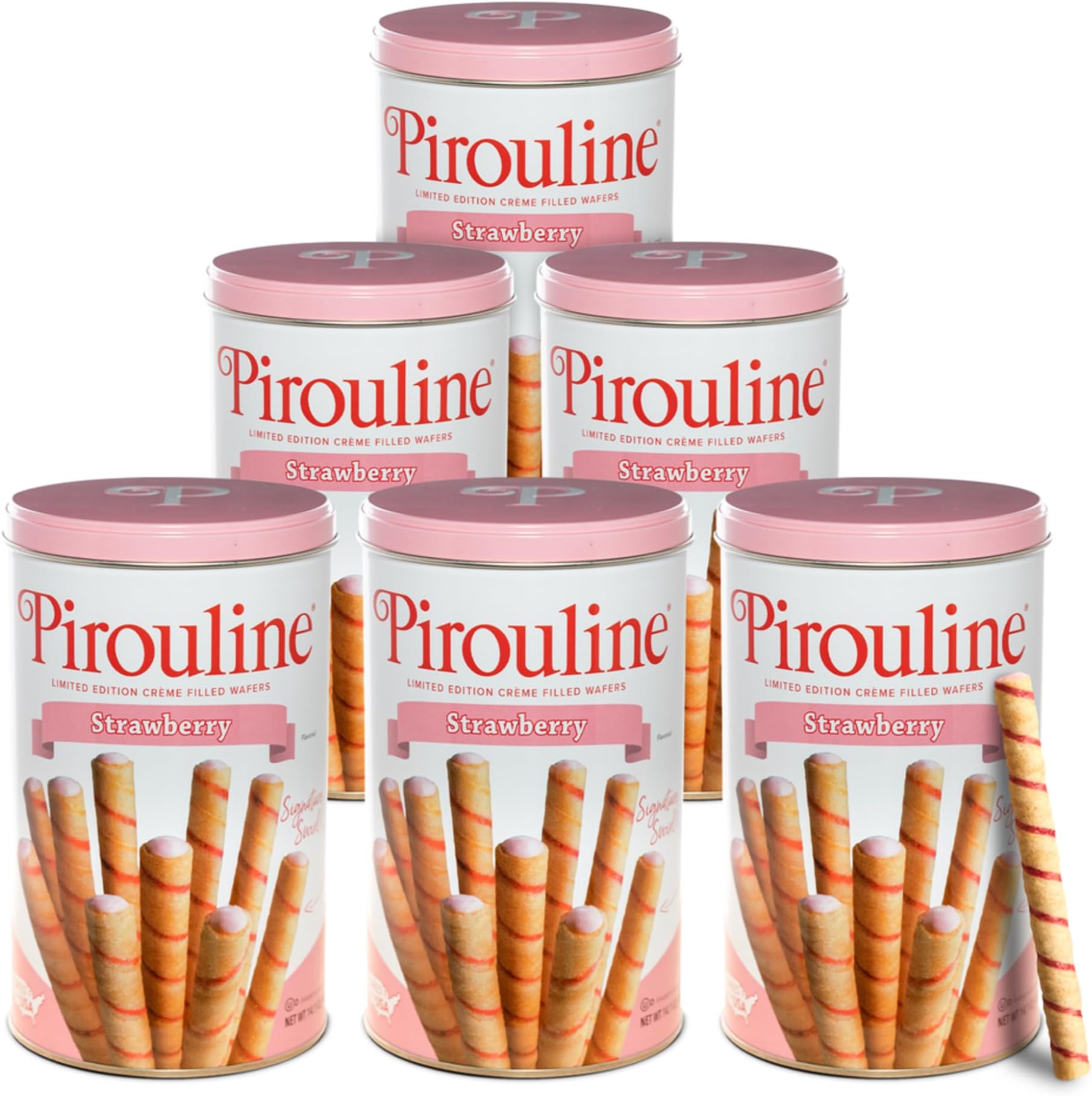 Pirouline Rolled Wafers – Strawberry – Rolled Wafer Sticks, Crème Filled Wafers, Rolled Cookies for Coffee, Tea, Ice Cream, Snacks, Parties, Gifts, and More – 14.1oz Tin 6 Pack