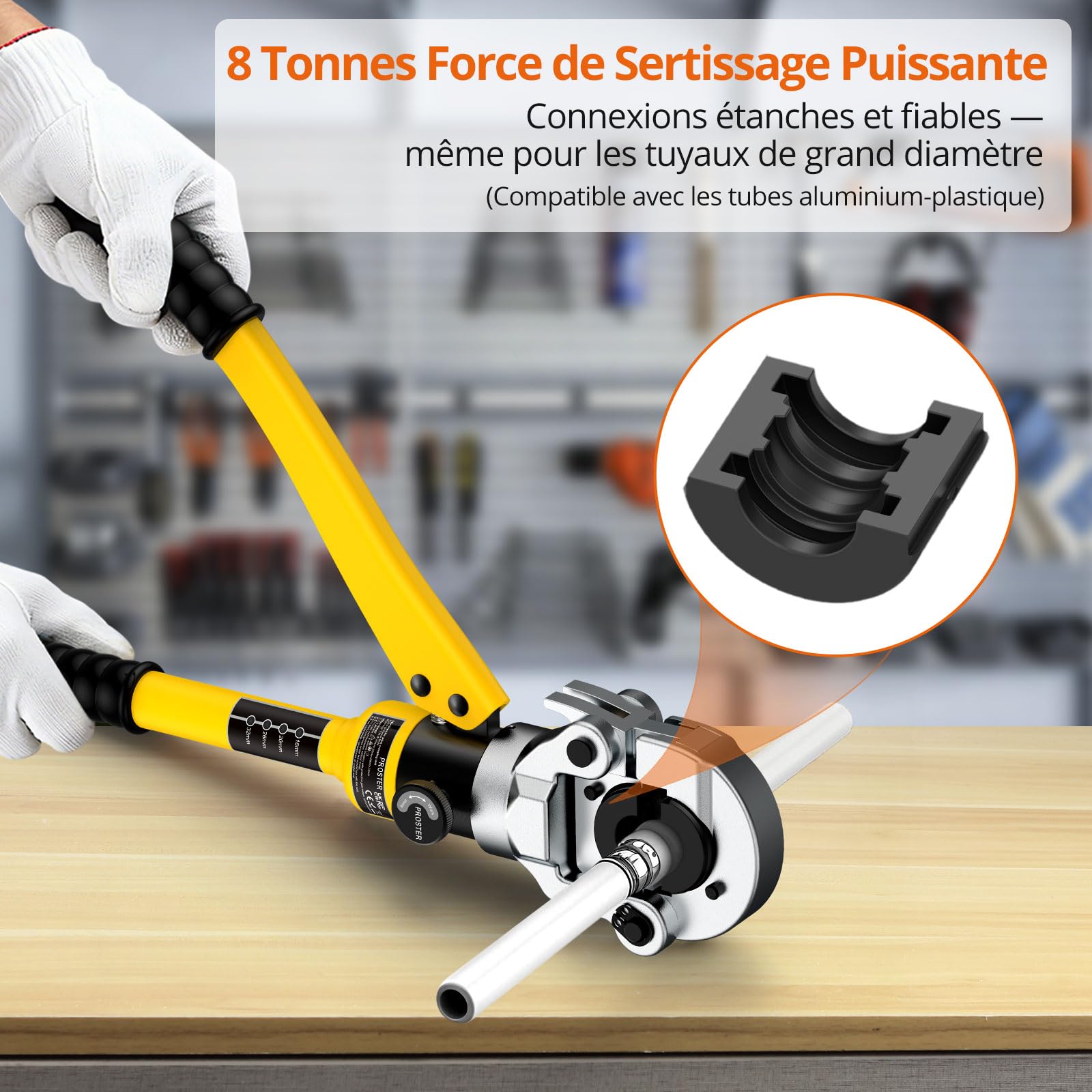 Proster Pince à Sertir Multicouche PER 8T TH16-32 avec Ébavureur Coupe-Tube | Puissance Hydraulique 8 T, 4 Mâchoires TH16/20/26/32 incluses, Sertisseuse Tuyaux Aluminium-Plastique, PEX, PER, PB