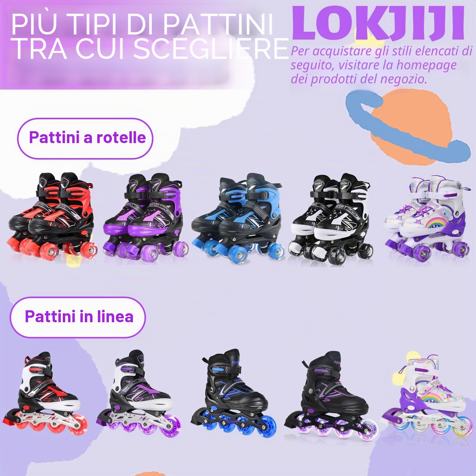 Pattini in linea regolabili per bambini ragazze ragazzi principianti, Pattini a rotelle per bambino e adolescente per lo sport Viola Arcobaleno