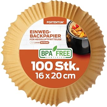 PORTENTUM Hot Air Fryer Baking Paper Pack of 100 Disposable and Unbleached. Suitable for 3.5 to 6 liters. Food grade baking paper BPA-Free FDA and LFGB Certified