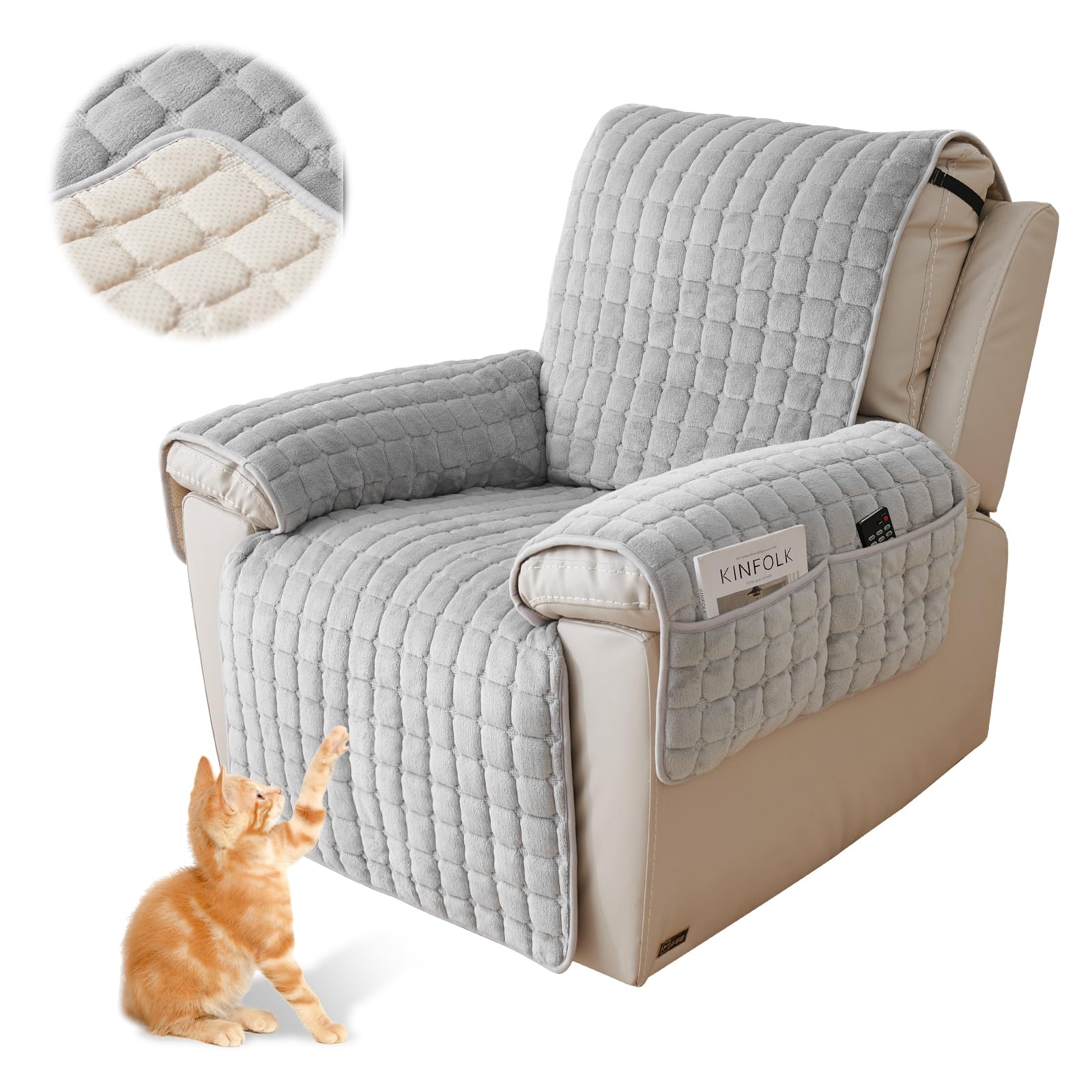 Funda Sillon Antideslizante, Fundas para Sofá Reclinable con Bolsillos y Elástico, Funda Sofa Individual a Prueba de Polvoy Lavable Antiarañazos y Antisuciedad para Casa con Niños y Mascotas