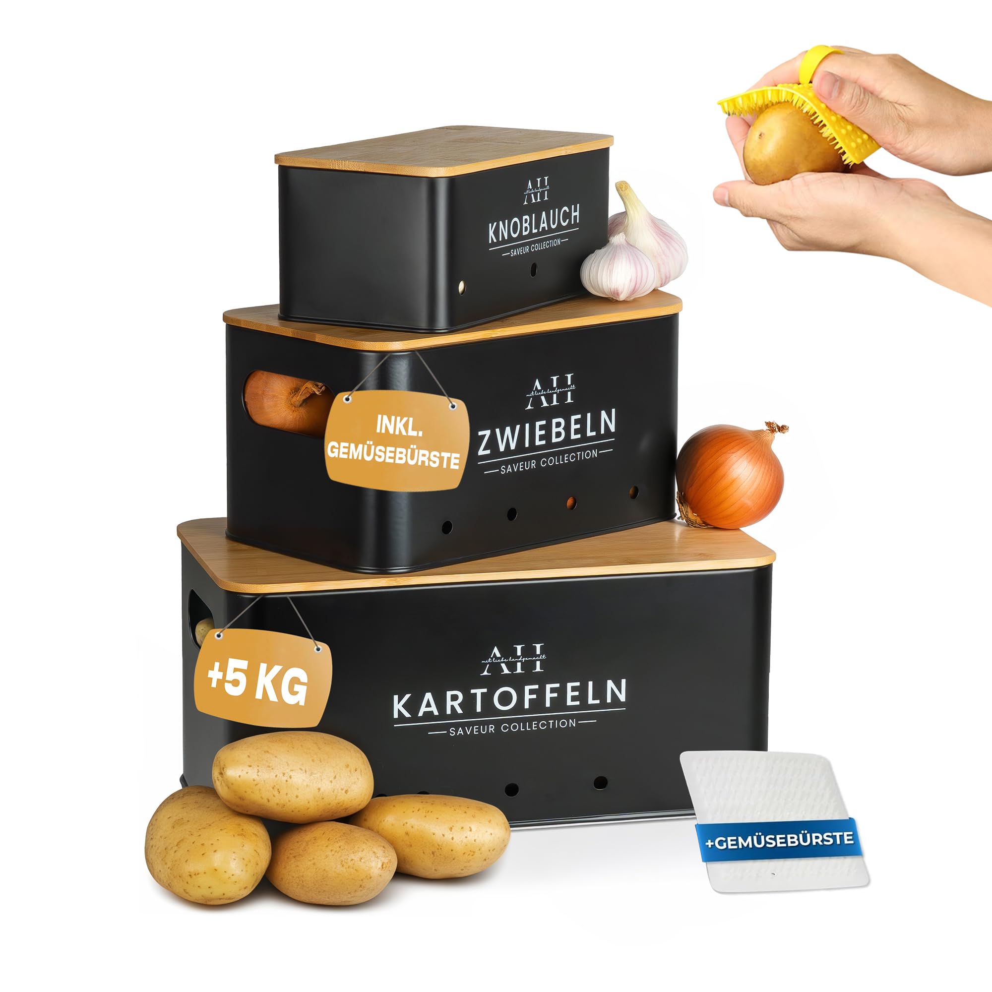 AH® Kartoffel Aufbewahrungsbox inkl. Gemüsebürste [5er Set] - Zwiebeltopf, Kartoffelbox - Geeignet für Gemüse & Zwiebel Aufbewahrung