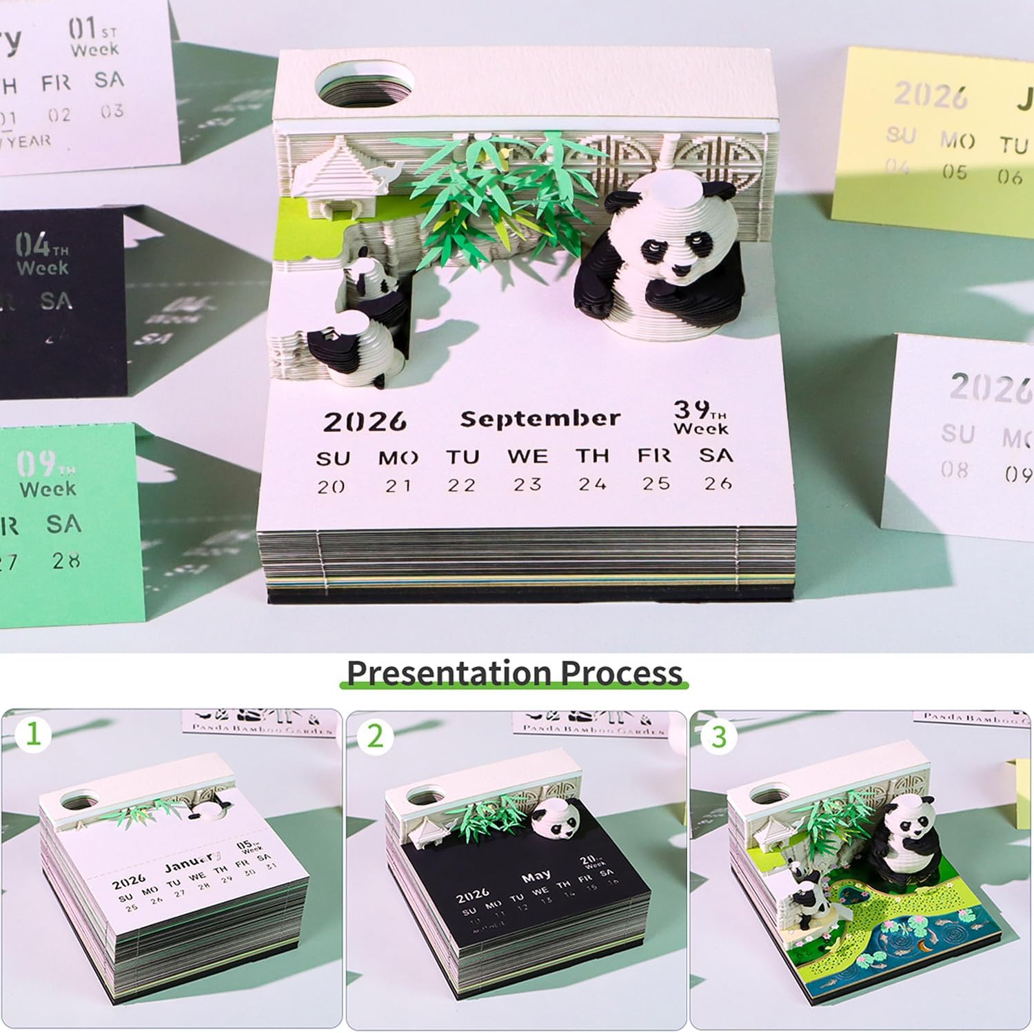 SIWEME 3D Calendar 2026 Paper Art Memo Pad,Tear-Away 3D Desk Time Piece Calendar DIY Note for Record, Bookmark, Gift & Office Decor (Panda Bamboo Garden)